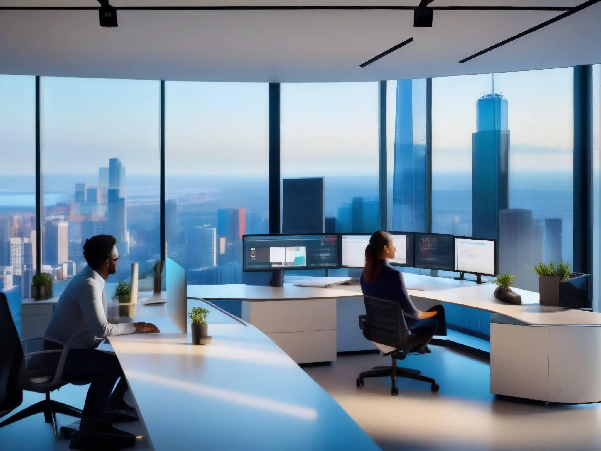 Equipo profesional en oficina moderna con Microsoft Teams y Dynamics 365 Un equipo diverso colaborando en una oficina moderna con tecnología de vanguardia y mobiliario elegante