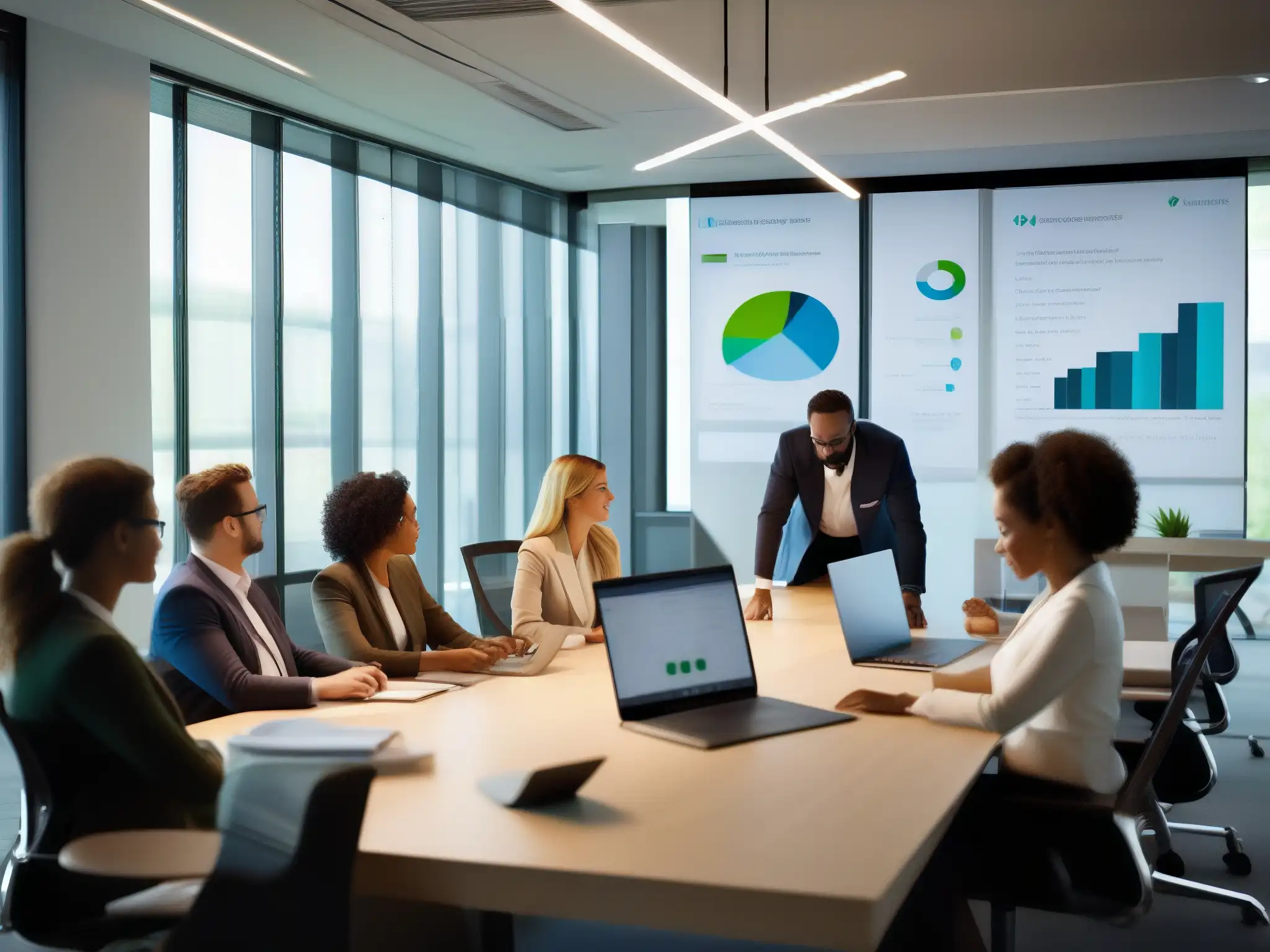 Equipo diverso colaborando con Webex y CRM en una oficina moderna Un equipo diverso colabora efectivamente con Webex y CRM en una oficina moderna y sofisticada, llena de luz natural
