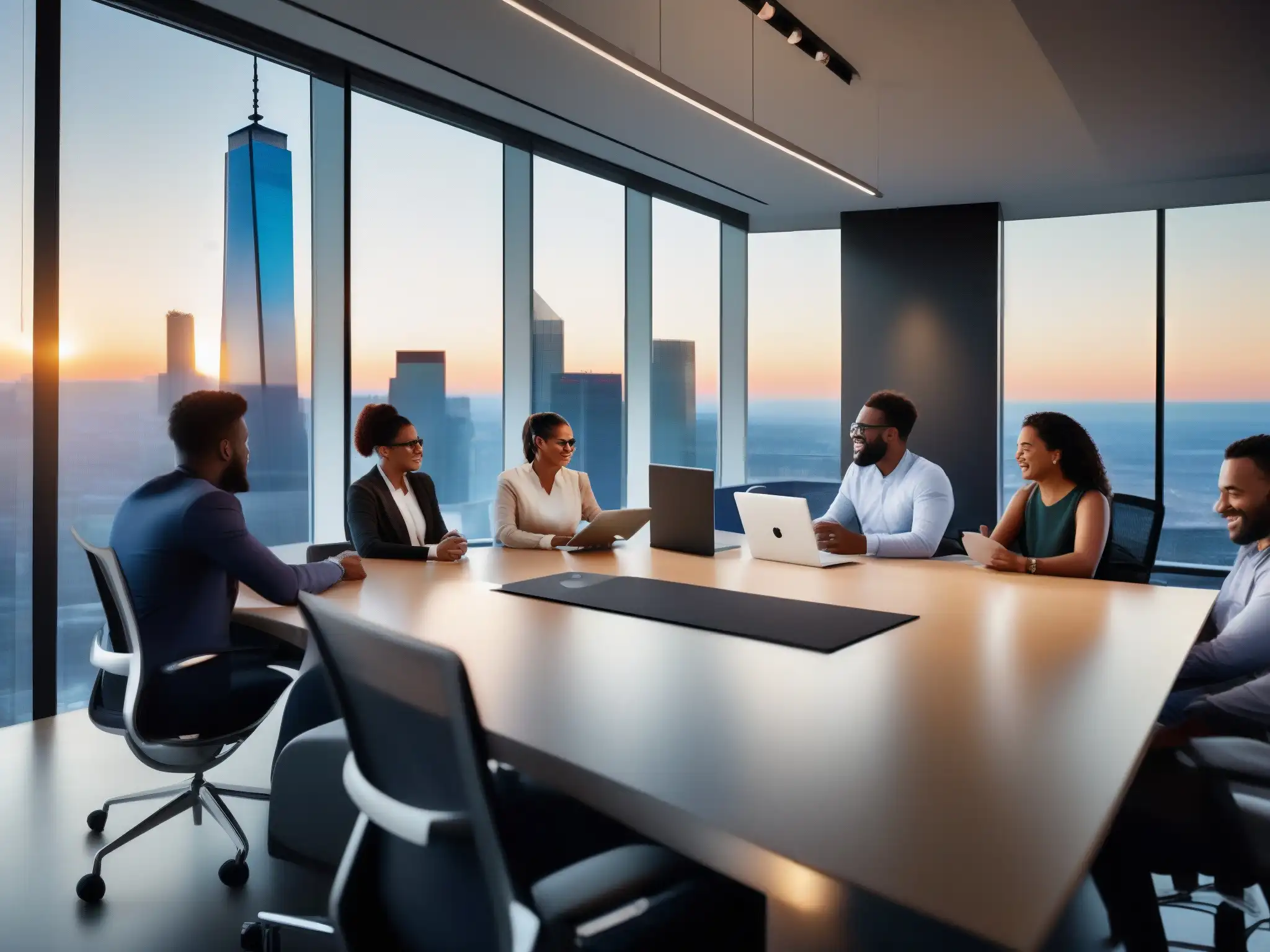 Equipo diverso colaborando con Microsoft Teams en una oficina moderna Un equipo diverso colabora en una oficina moderna con vista a la ciudad, usando Microsoft Teams para integrar aplicaciones de terceros