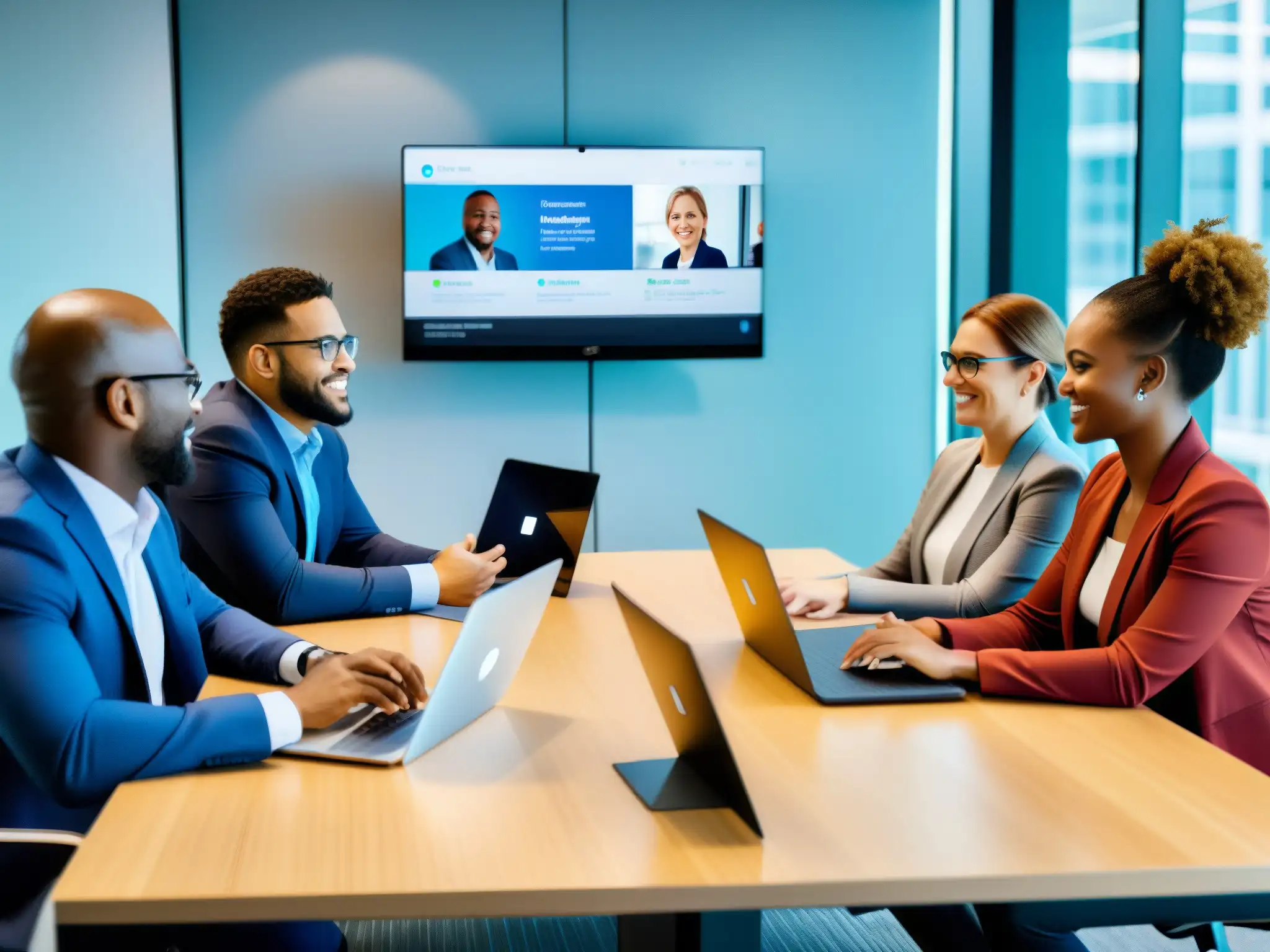 Equipo profesional diverso en reunión virtual con Join Un equipo diverso en una oficina moderna utiliza Join