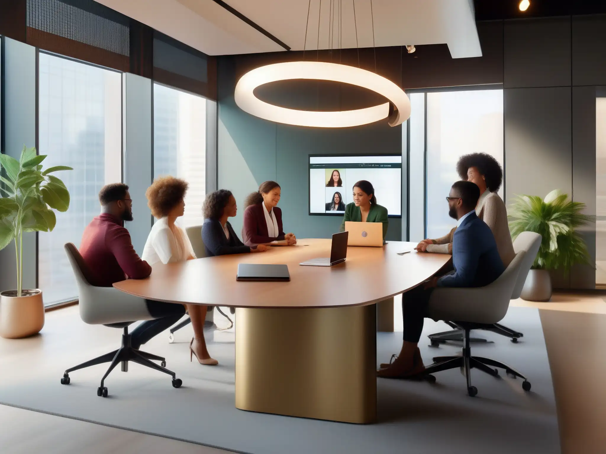 Videoconferencia dinámica en Slack: equipo diverso en la oficina El equipo diverso de una pequeña empresa usa Slack para videoconferencias, creando un ambiente profesional y colaborativo