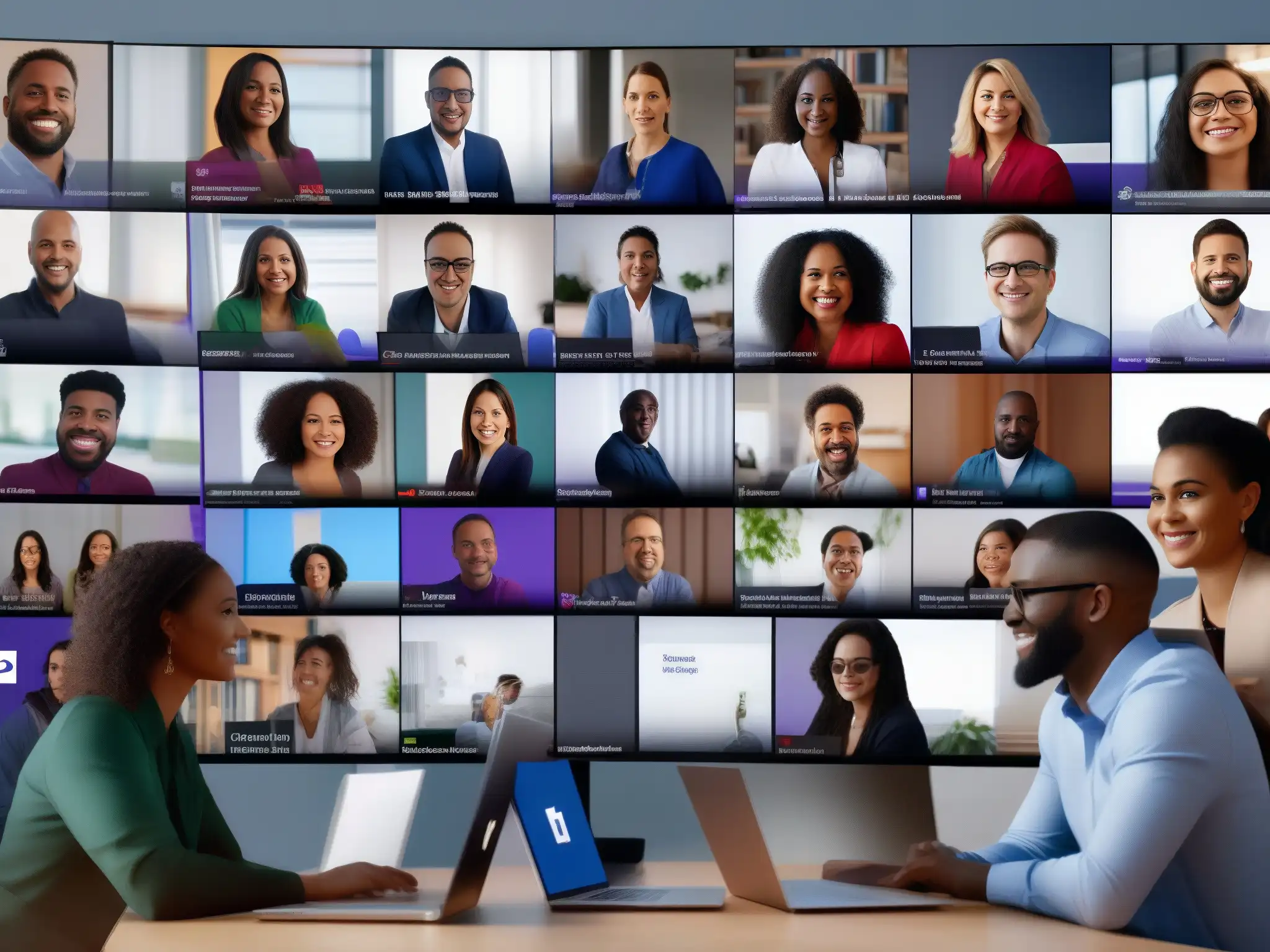 Reunión virtual en Microsoft Teams: Colaboración Profesional Un equipo diverso colabora en Microsoft Teams para mejorar productividad en reuniones virtuales