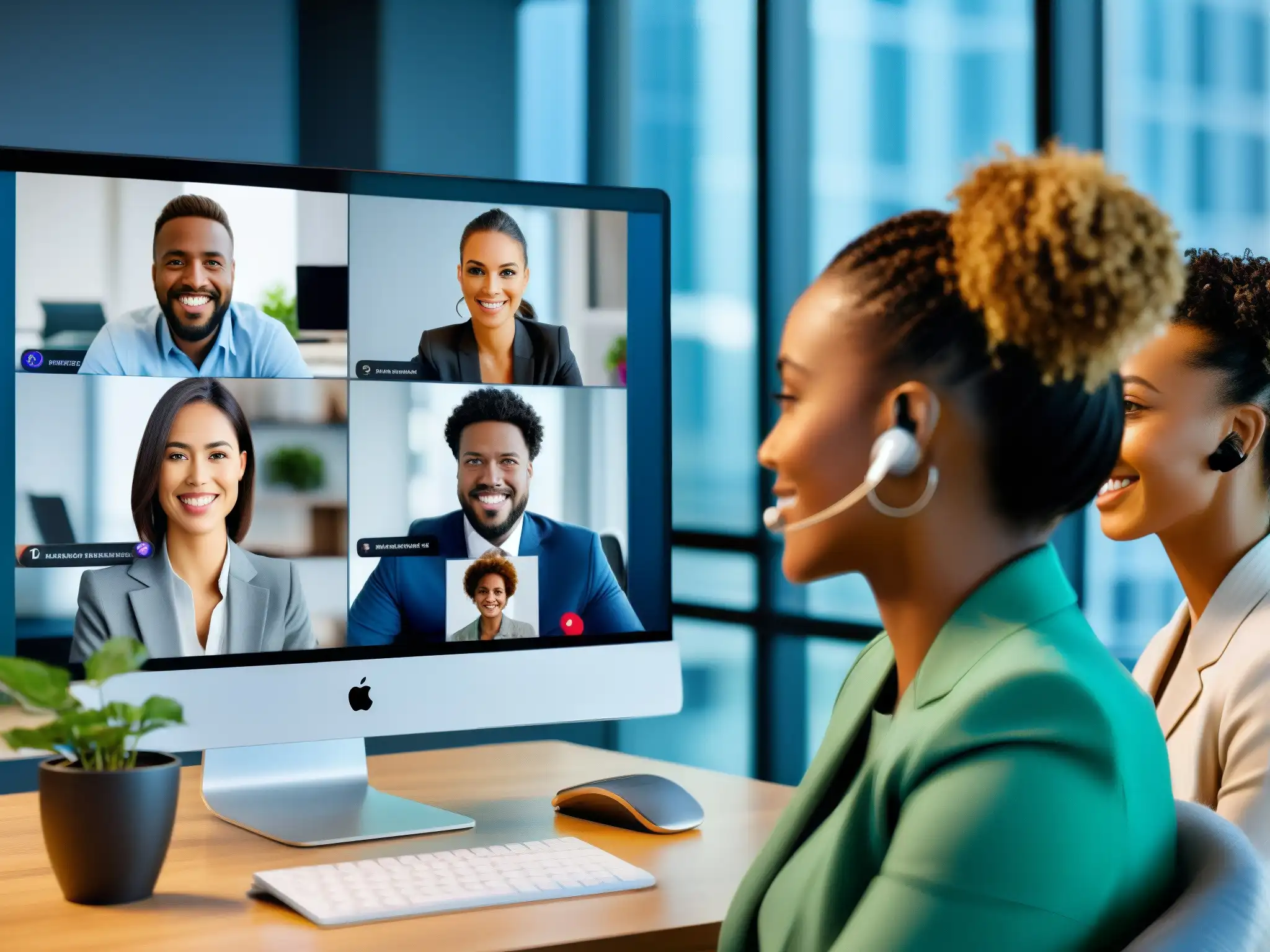 Equipo global diverso en videoconferencia Chime Un equipo diverso y profesional se comunica de manera efectiva a través de herramientas de videoconferencia Chime, mostrando conexión y colaboración