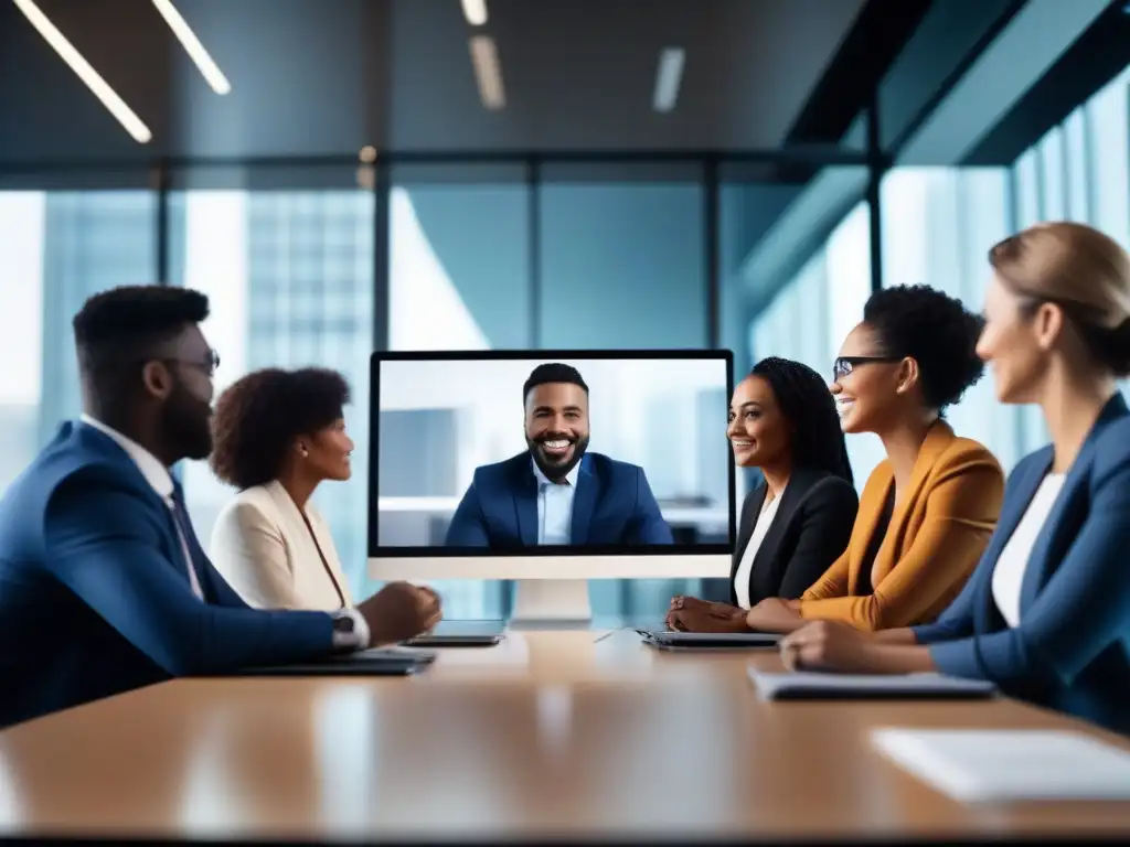 Reunión virtual de profesionales en oficina moderna Un equipo diverso y profesional se reúne en una videoconferencia, comunicándose con dinamismo y tecnología moderna, impacto en la dinámica del equipo