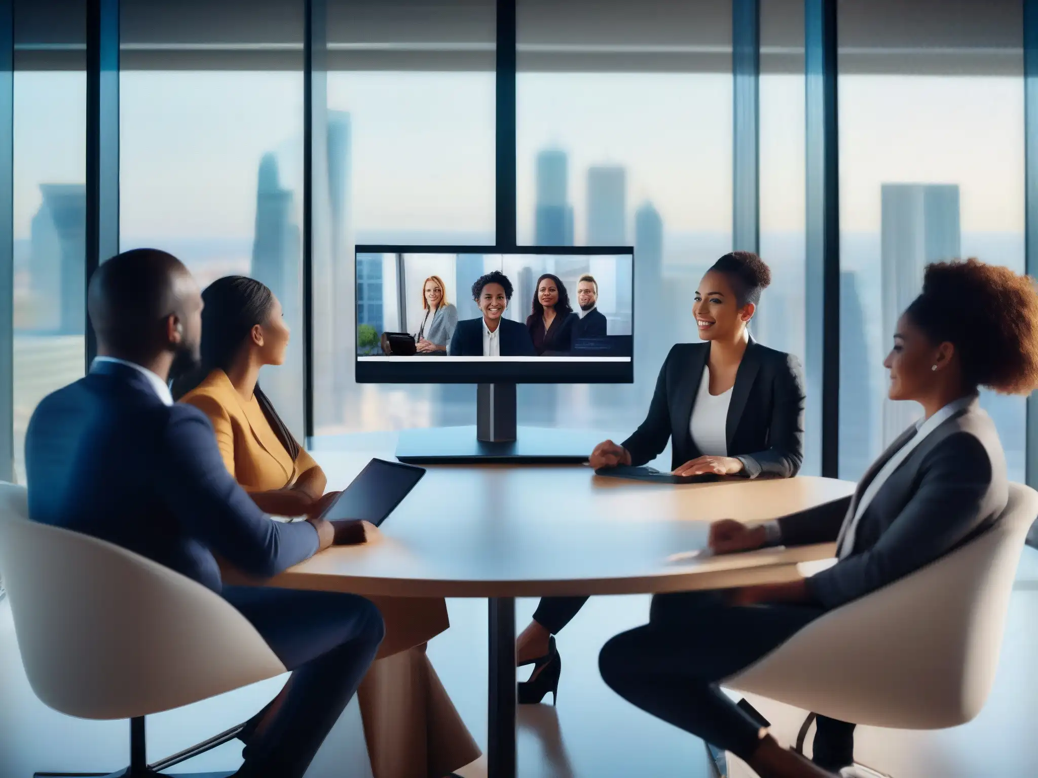 Equipo diverso en videoconferencia profesional Un equipo diverso y profesional en una videoconferencia, con una atmósfera dinámica y eficiente