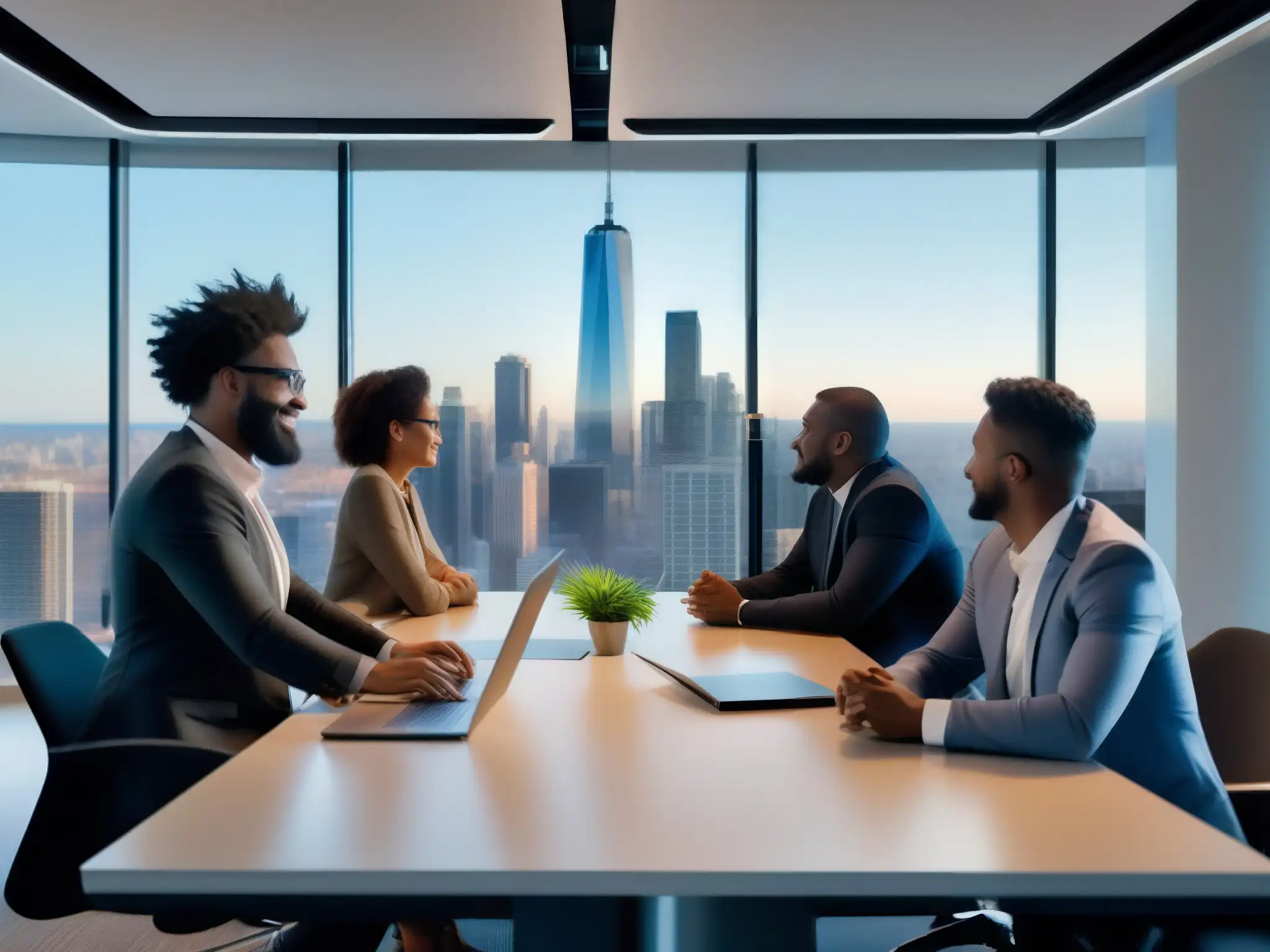 Equipo innovador desarrollando API de videoconferencia con WebRTC Un equipo diverso de profesionales colabora en la creación de una API de videoconferencia WebRTC en un moderno espacio de oficina con impresionantes vistas a la ciudad