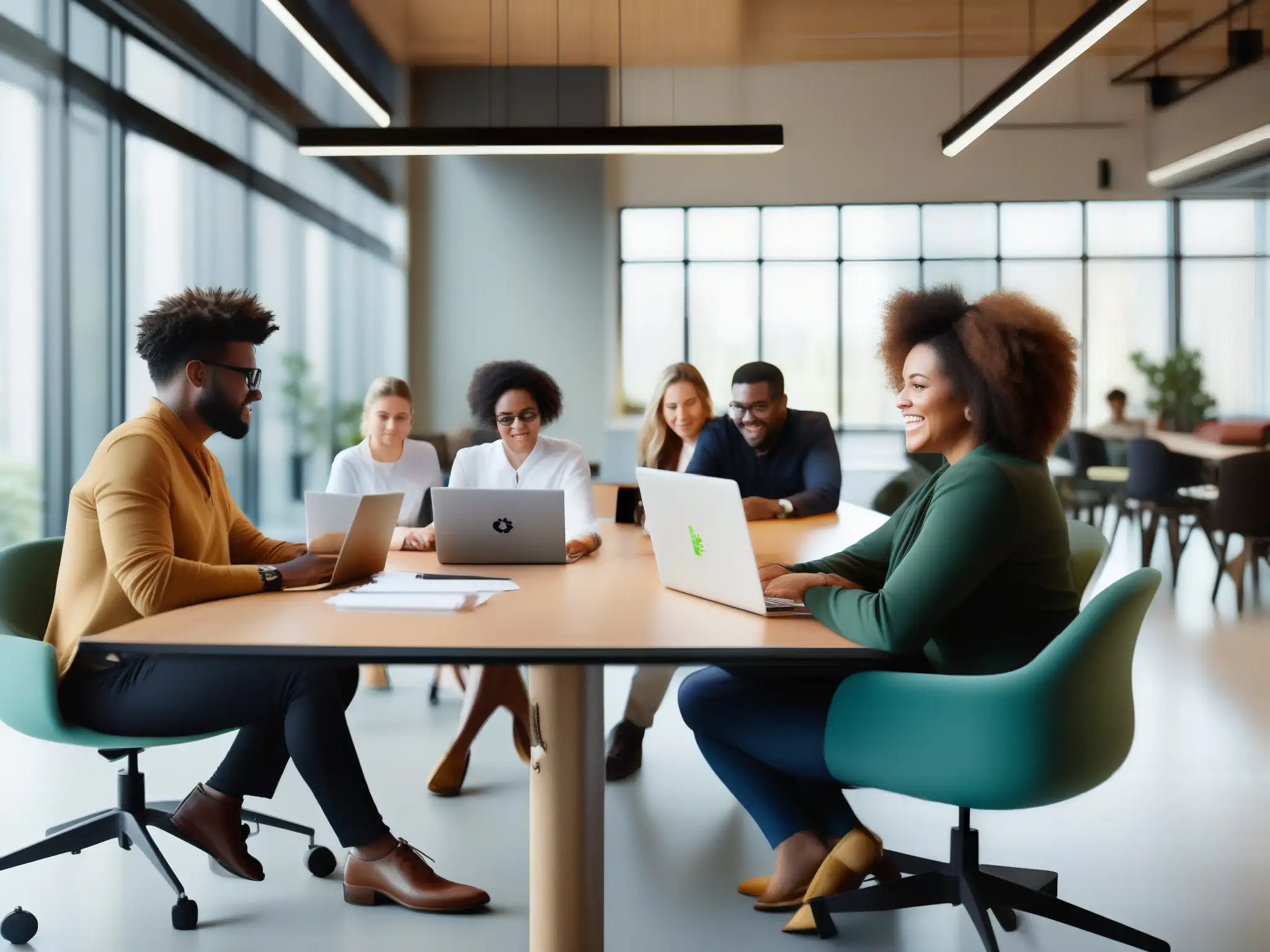 Equipo creativo colaborando en una oficina moderna Un equipo diverso de profesionales colabora en un espacio de oficina moderno, con diseño y creatividad en la atmósfera