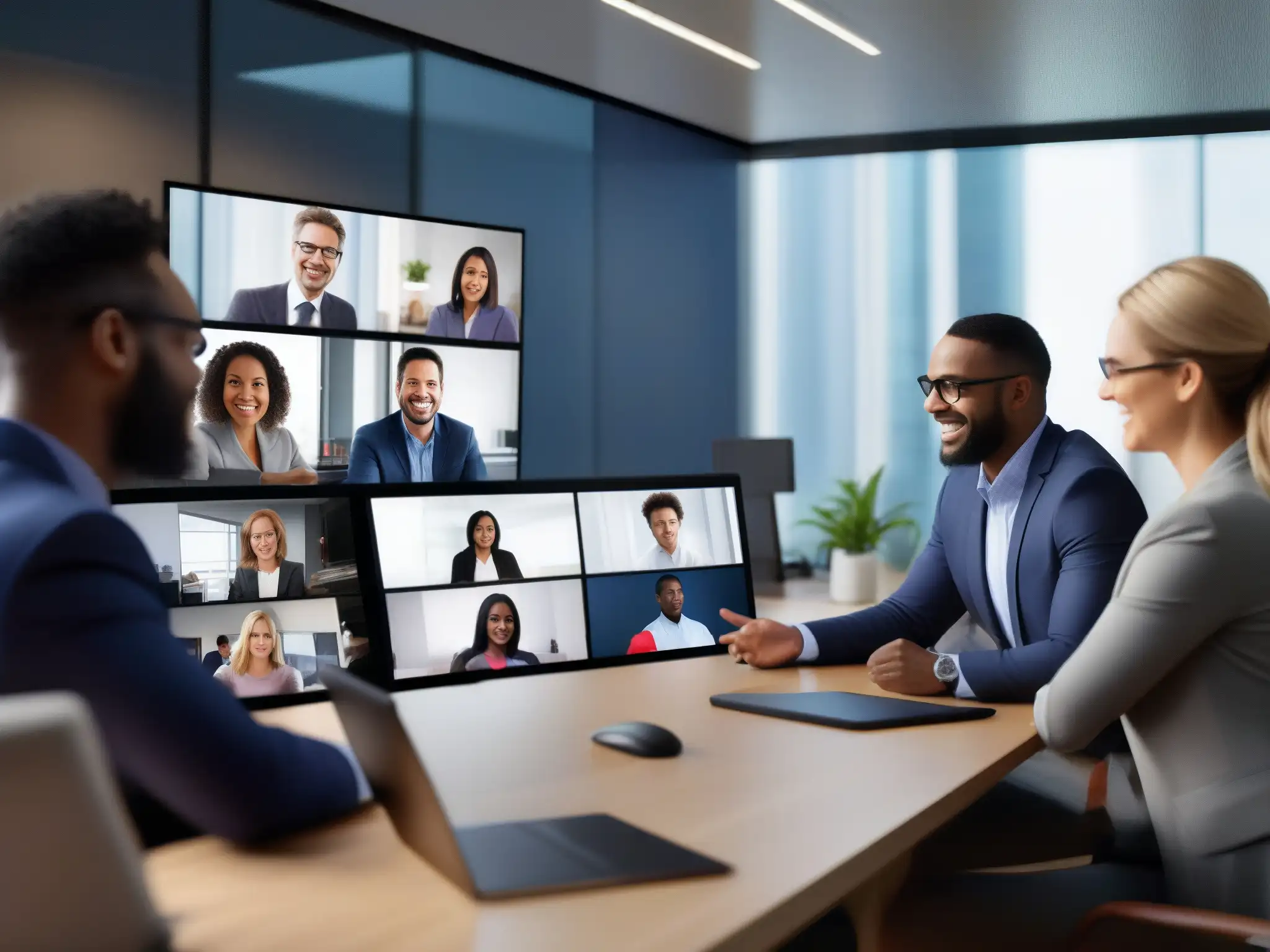 Equipo diverso maximiza productividad con Microsoft Teams Un equipo diverso de profesionales utiliza herramientas de videoconferencia para maximizar su productividad en un entorno laboral dinámico y eficiente