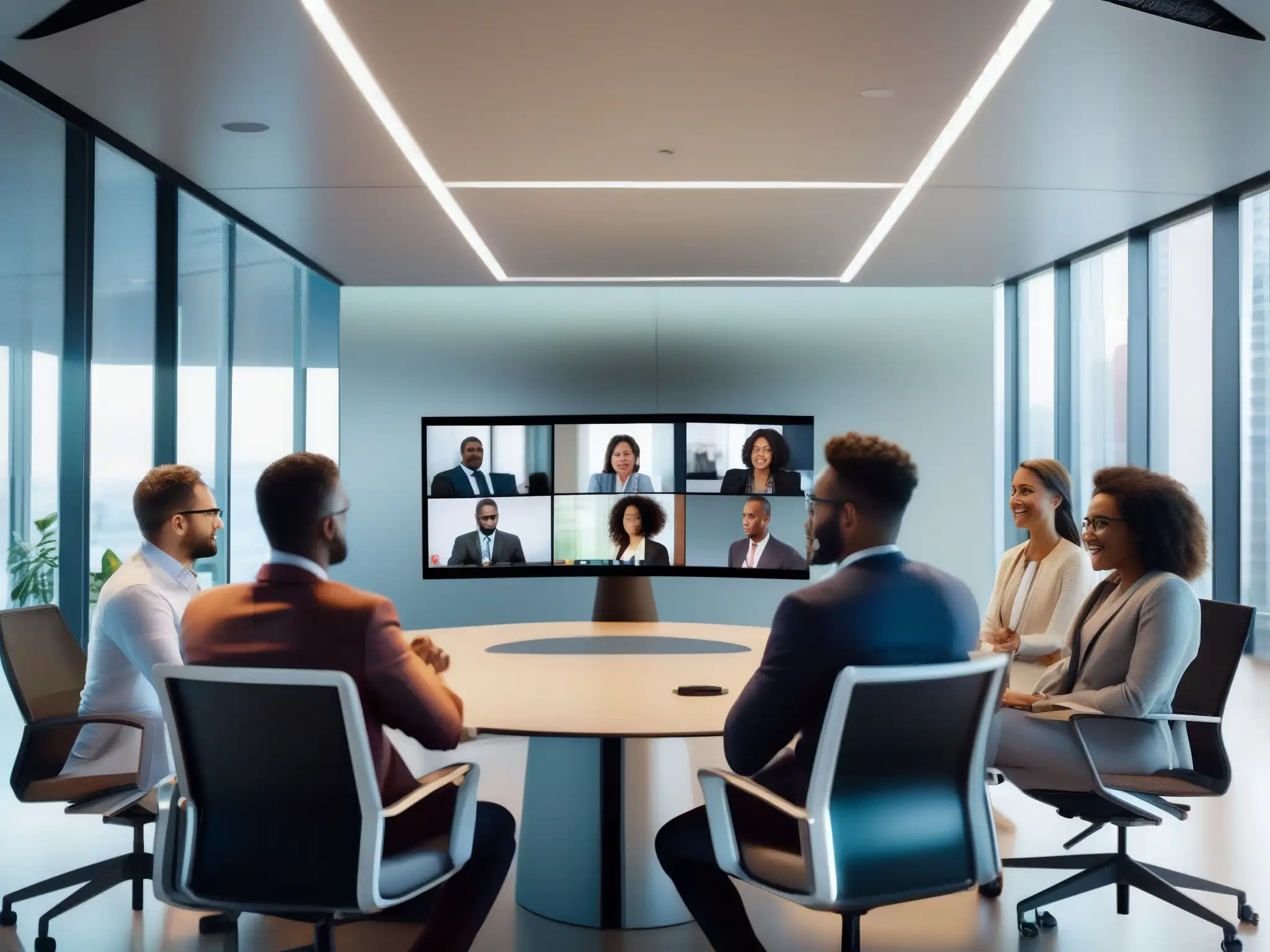 Profesionales diversos en videoconferencia colaborativa Un equipo diverso de profesionales utiliza las mejores herramientas de videoconferencia para colaborar en un entorno profesional y dinámico