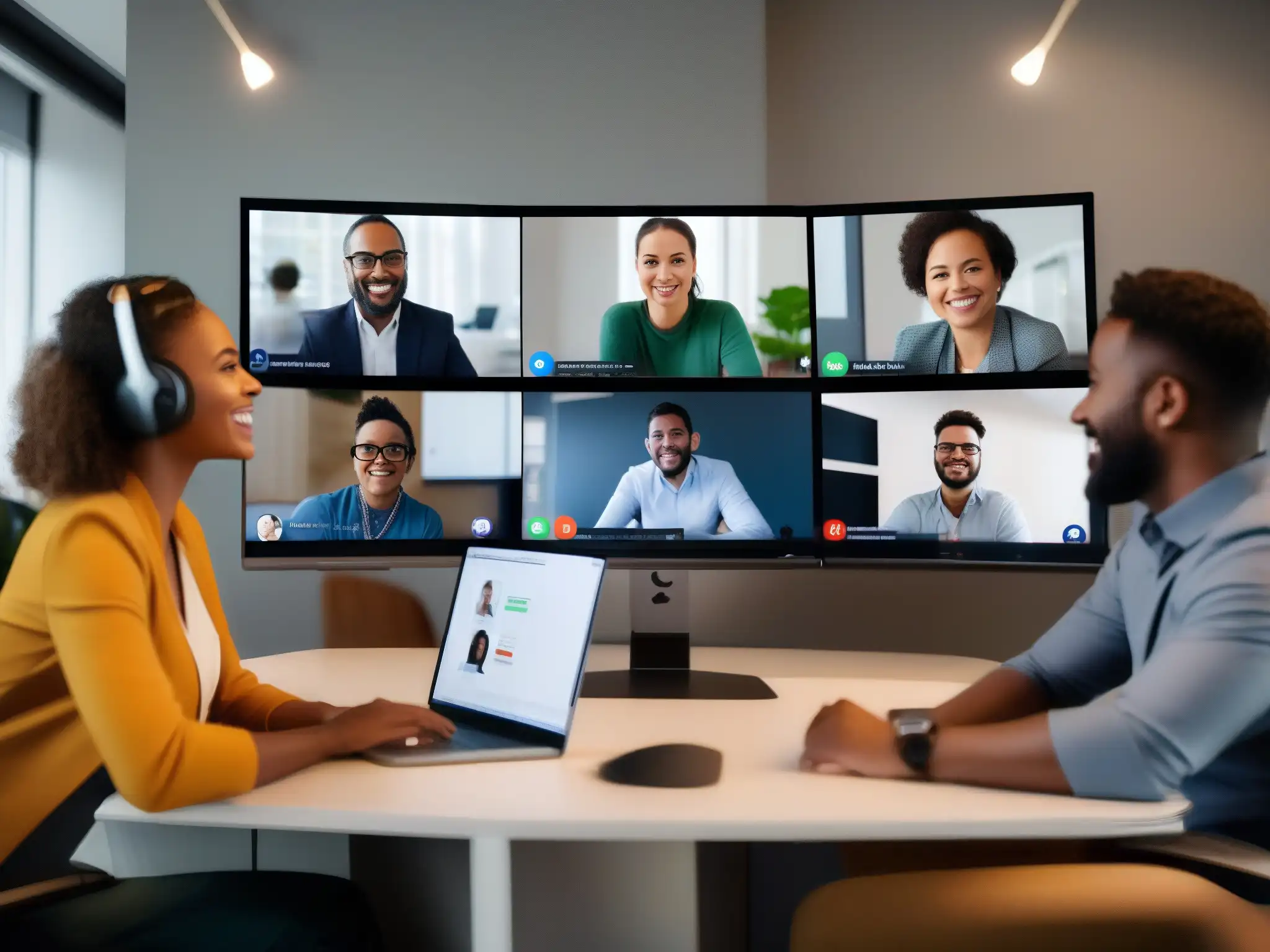 Videoconferencia global en Basecamp: colaboración eficiente Un equipo diverso de profesionales del mundo se reúne en una videoconferencia en Basecamp, colaborando en proyectos
