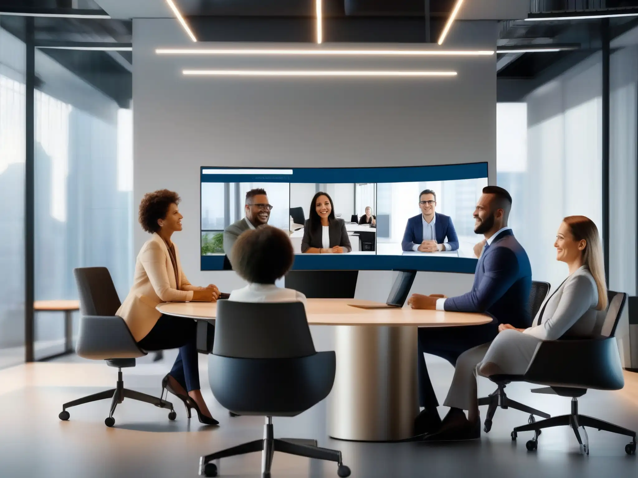 Equipo diverso en videoconferencia eficiente con RingCentral Un equipo diverso de profesionales se reúne en una oficina moderna para una videoconferencia colaborativa en tiempo real con RingCentral Meetings
