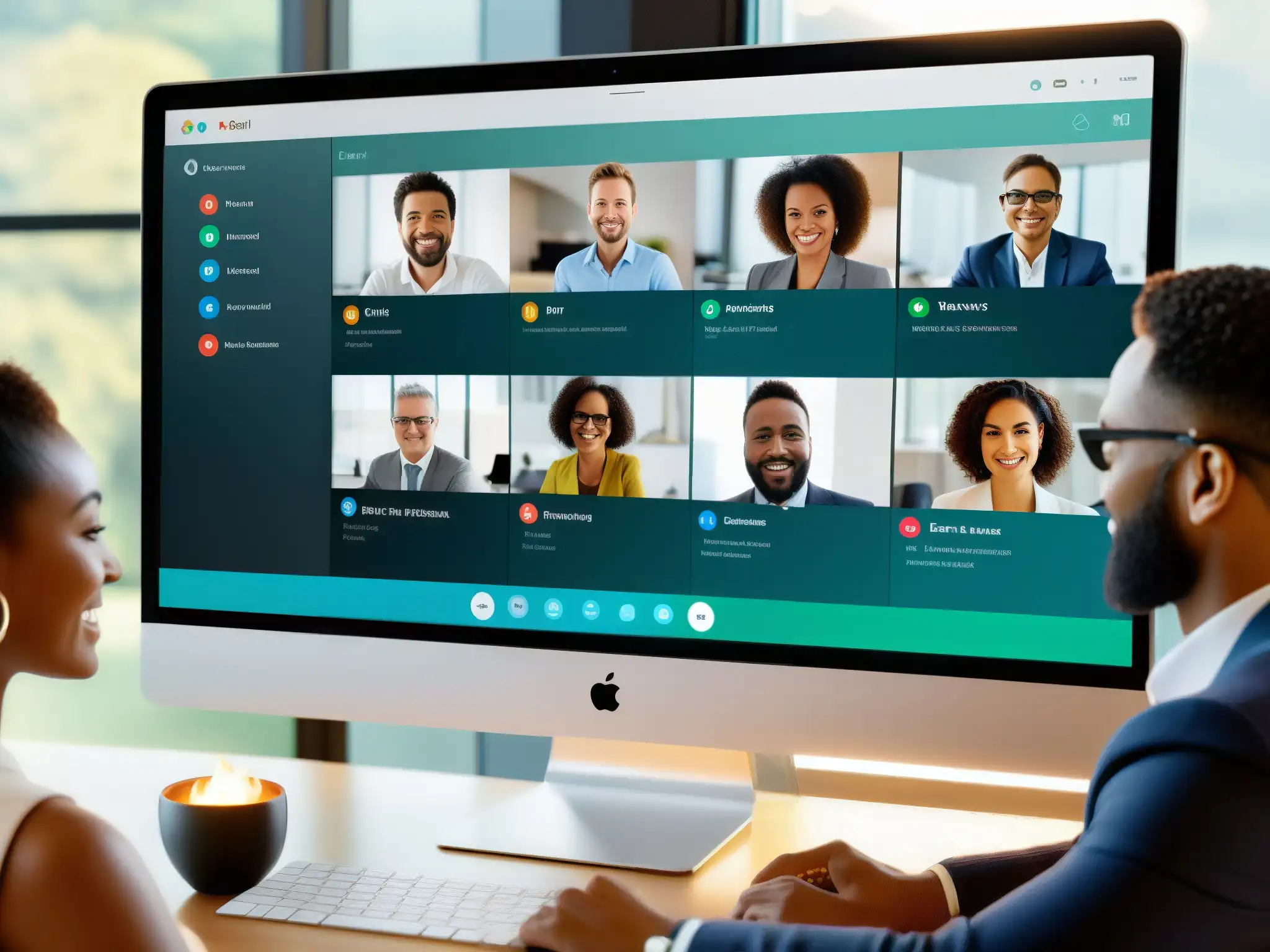 Equipo diverso colaborando en Webex Un equipo diverso de profesionales colaborando en una reunión virtual a través de Webex, gestionando funciones avanzadas para mejorar la productividad