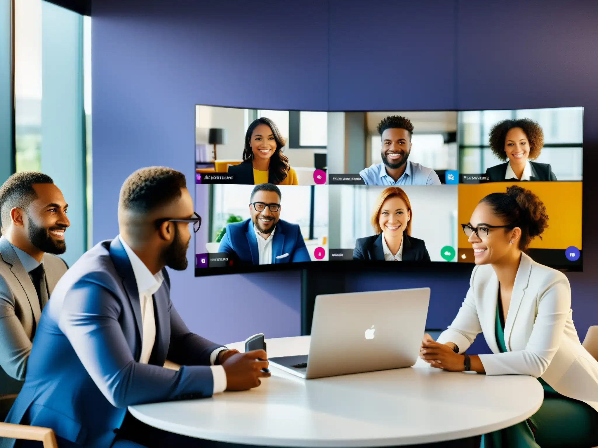Videoconferencia profesional con Microsoft Teams: colaboración eficiente Un equipo diverso de profesionales en trajes de negocios colaborando en una videoconferencia a través de Microsoft Teams