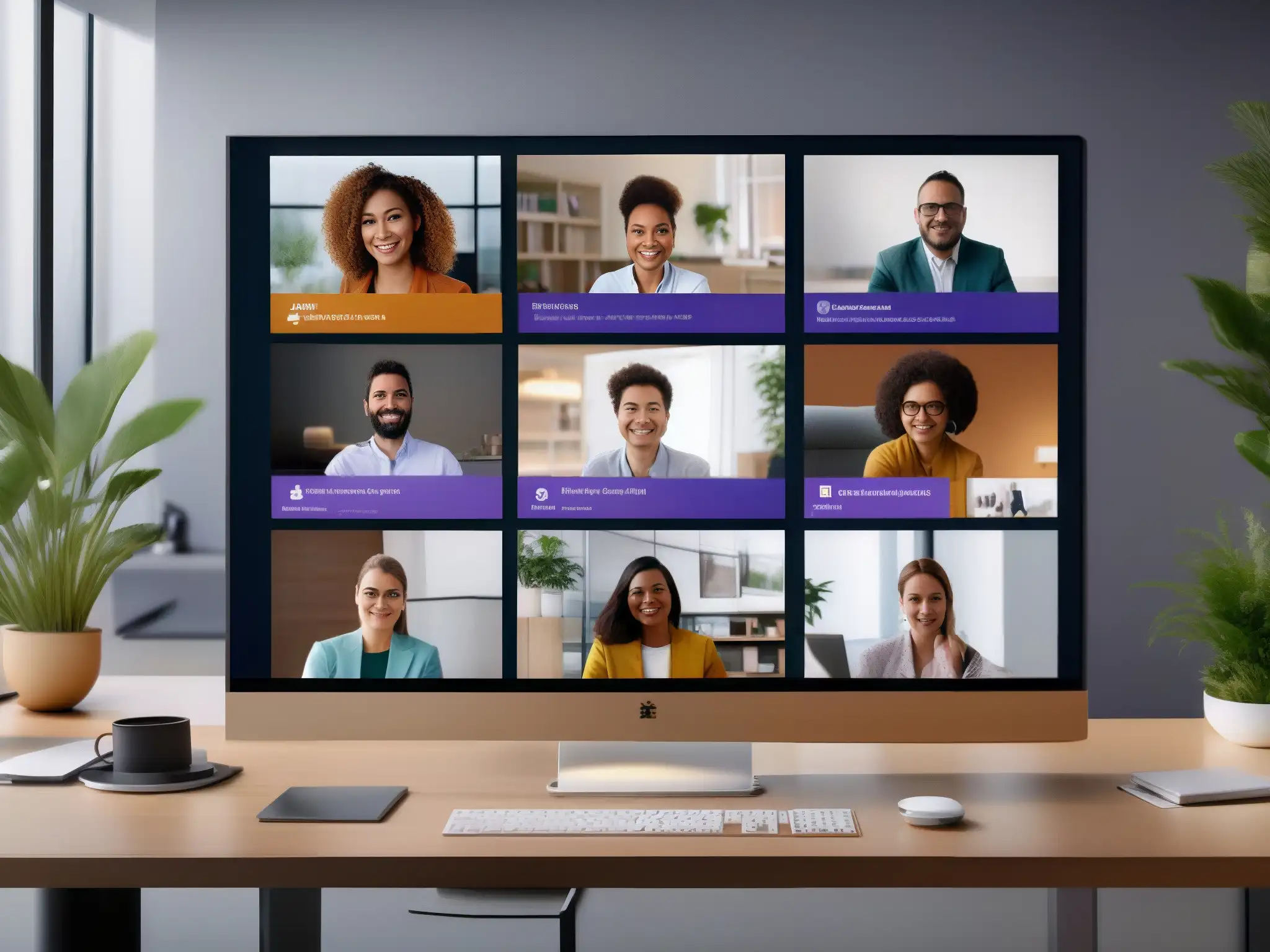 Profesionales en videoconferencia: Zoom y Microsoft Teams Un equipo diverso de profesionales en videoconferencia, mostrando la comparativa Zoom versus Teams trabajo remoto en diferentes entornos laborales