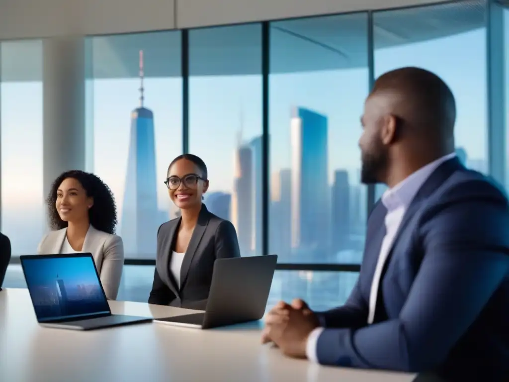 Profesionales seguros y confiados en videoconferencia moderna Un equipo diverso de profesionales se conecta en una videoconferencia segura, con una interfaz moderna y segura en sus pantallas