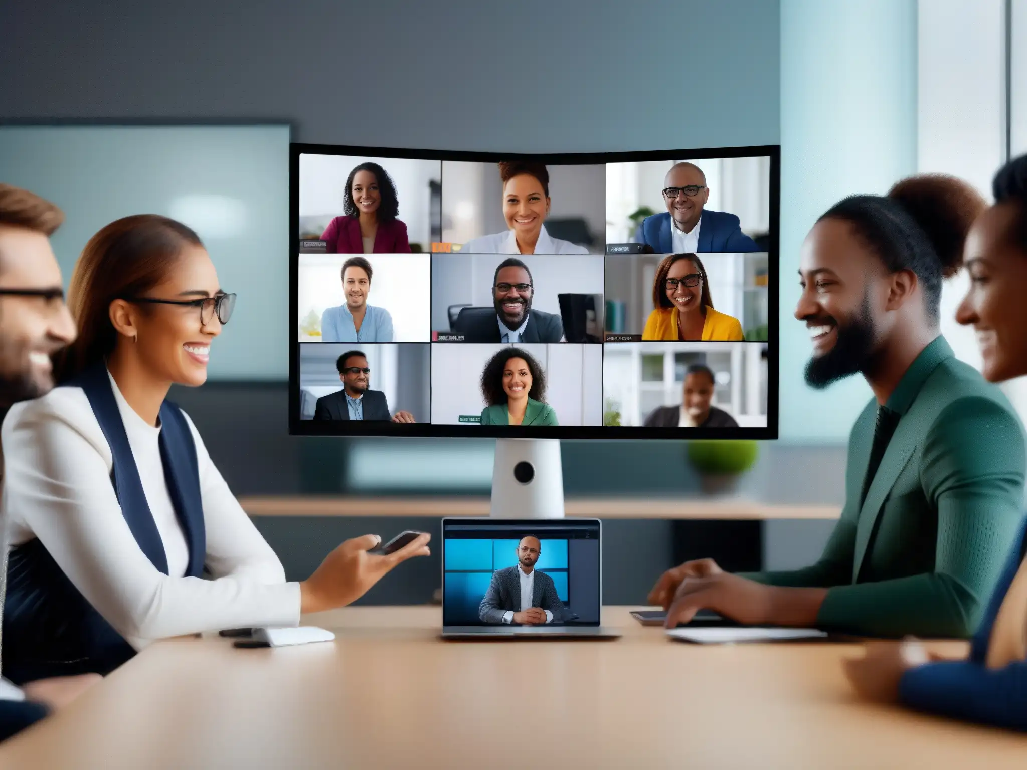 Equipo remoto colabora en videoconferencia de alta calidad Un equipo diverso de profesionales participa en una videoconferencia, mostrando la efectividad de las herramientas de videoconferencia profesionales comparativa para fomentar el trabajo en equipo y la productividad