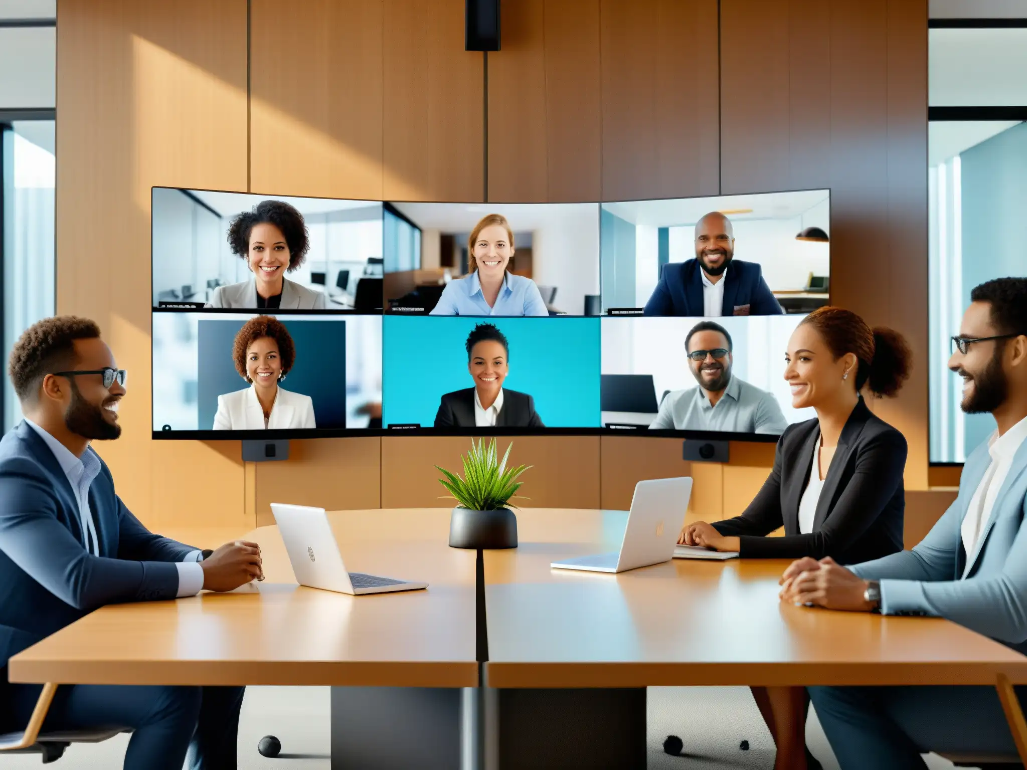 Conferencia virtual de equipo diverso en Chime Un equipo diverso de profesionales se reúne en una videoconferencia de Chime, creando una atmósfera cálida y colaborativa