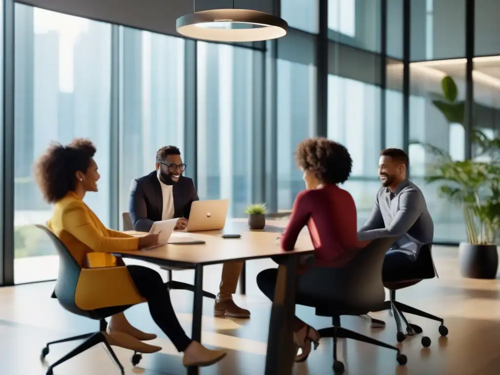 Colaboración dinámica en la oficina con Microsoft Teams Un equipo diverso colabora en un proyecto en una oficina moderna con Microsoft Teams