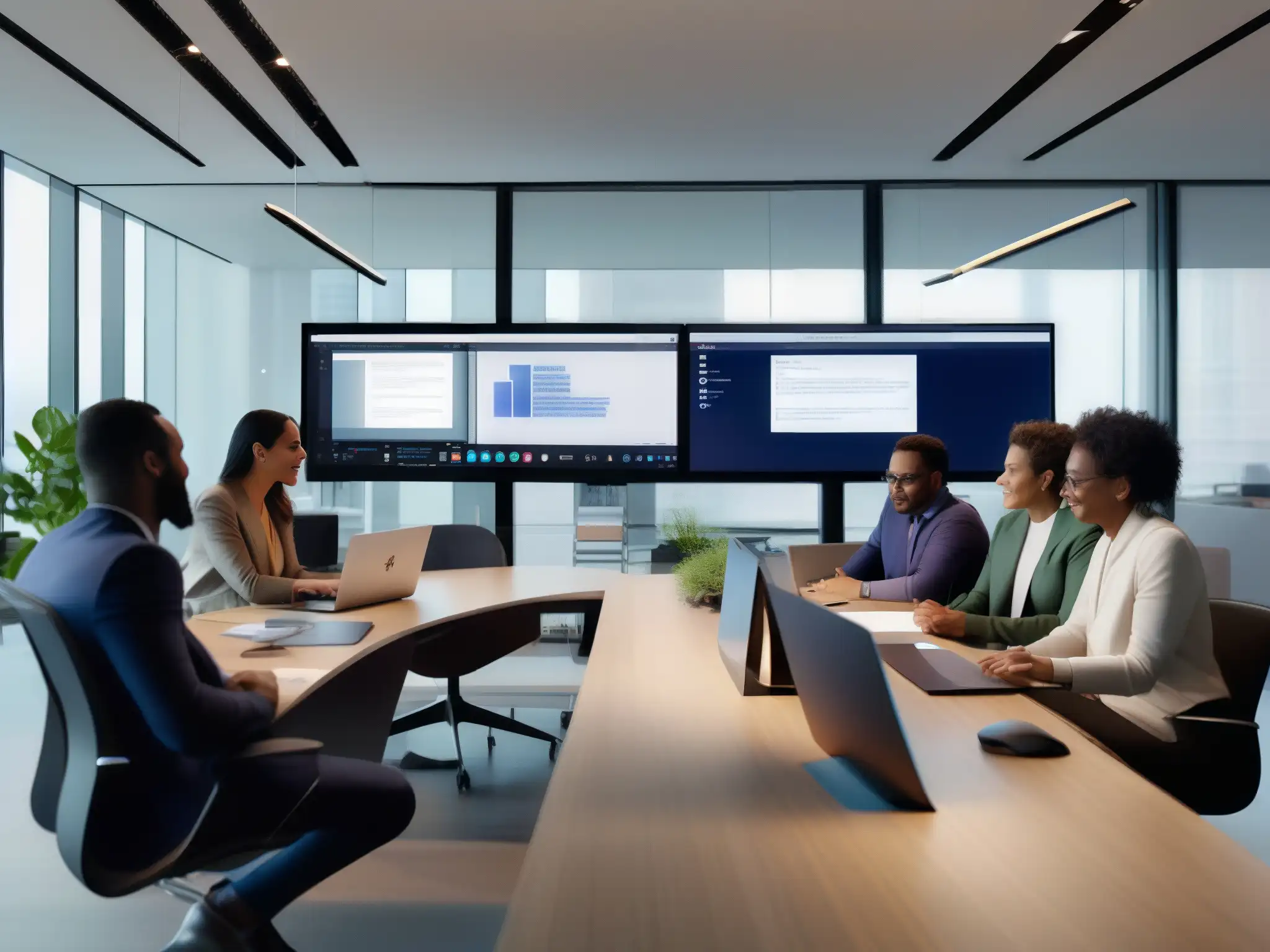 Equipo diverso colaborando en Microsoft Teams Un equipo diverso colabora en proyectos en Microsoft Teams, destacando la integración y colaboración en un ambiente profesional moderno y eficiente