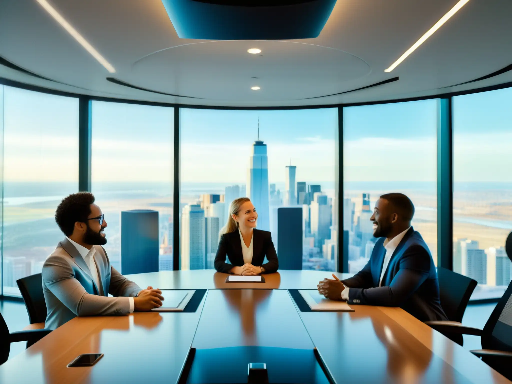 Reunión de equipo remoto: innovación y colaboración en acción Equipo diverso en reunión productiva, mejorando productividad equipos remotos en ambiente innovador y profesional con tecnología de vanguardia