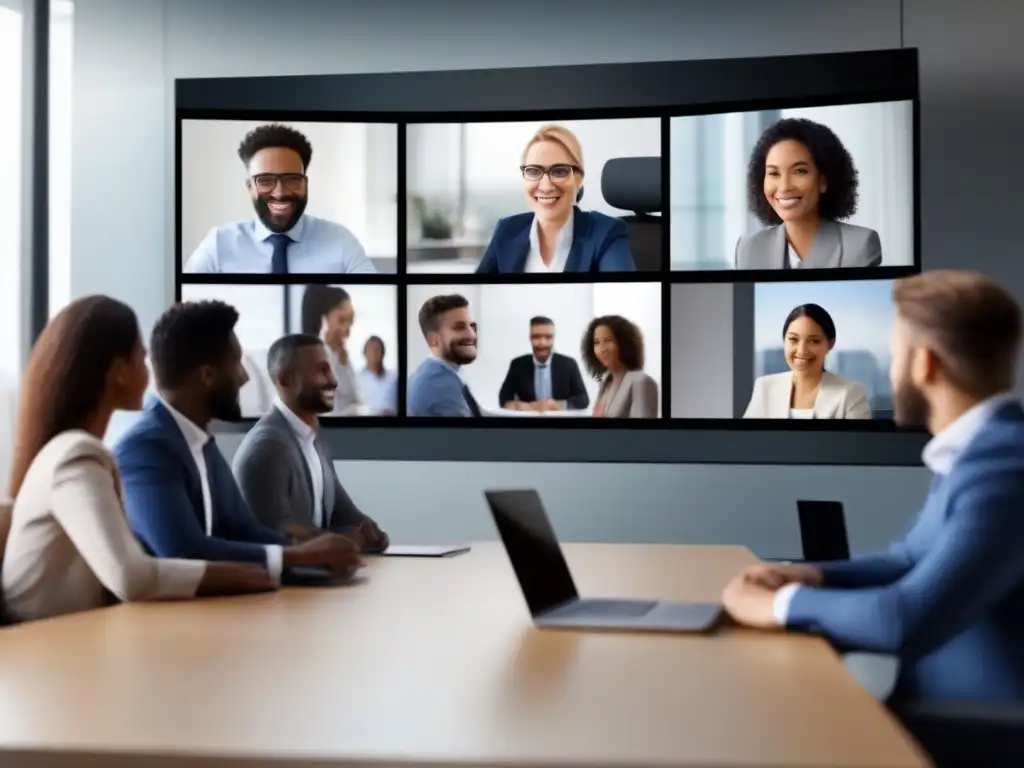 Reunión virtual de equipo: eficiencia y colaboración en la oficina moderna Equipo diverso en reunión de videoconferencia en Basecamp, integrando tecnología en un espacio de oficina moderno y eficiente
