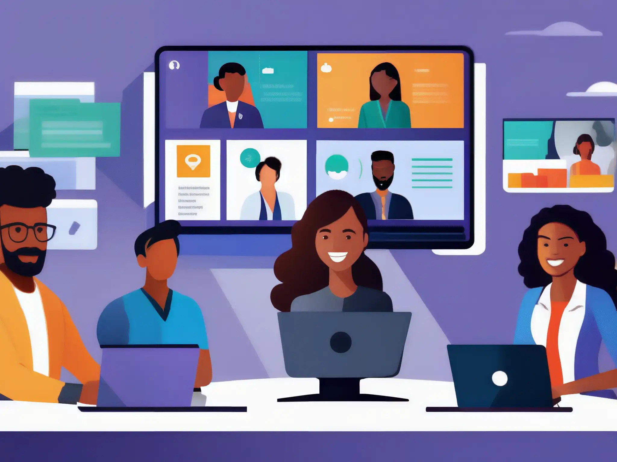 Equipo diverso en reunión virtual en Microsoft Teams Un equipo diverso participa activamente en una reunión virtual en Microsoft Teams para mejorar la productividad