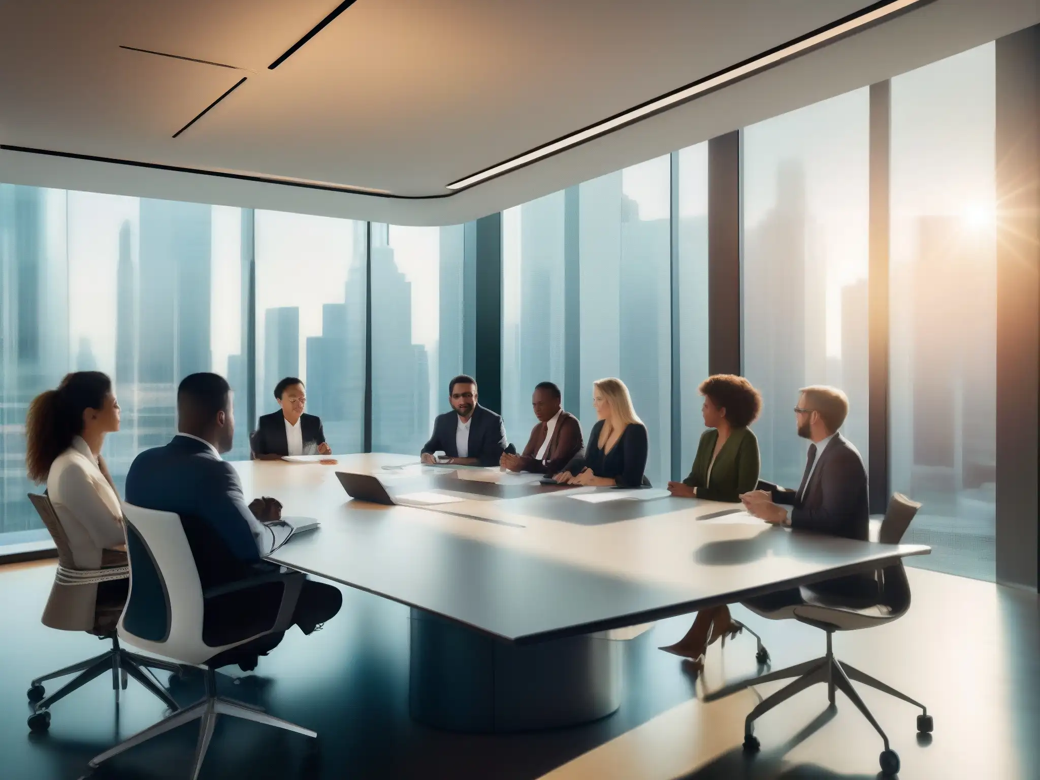 Equipo diverso en reunión profesional Equipo diverso en sala de reuniones moderna, reflejando comunicación efectiva y gestión de crisis en un entorno dinámico