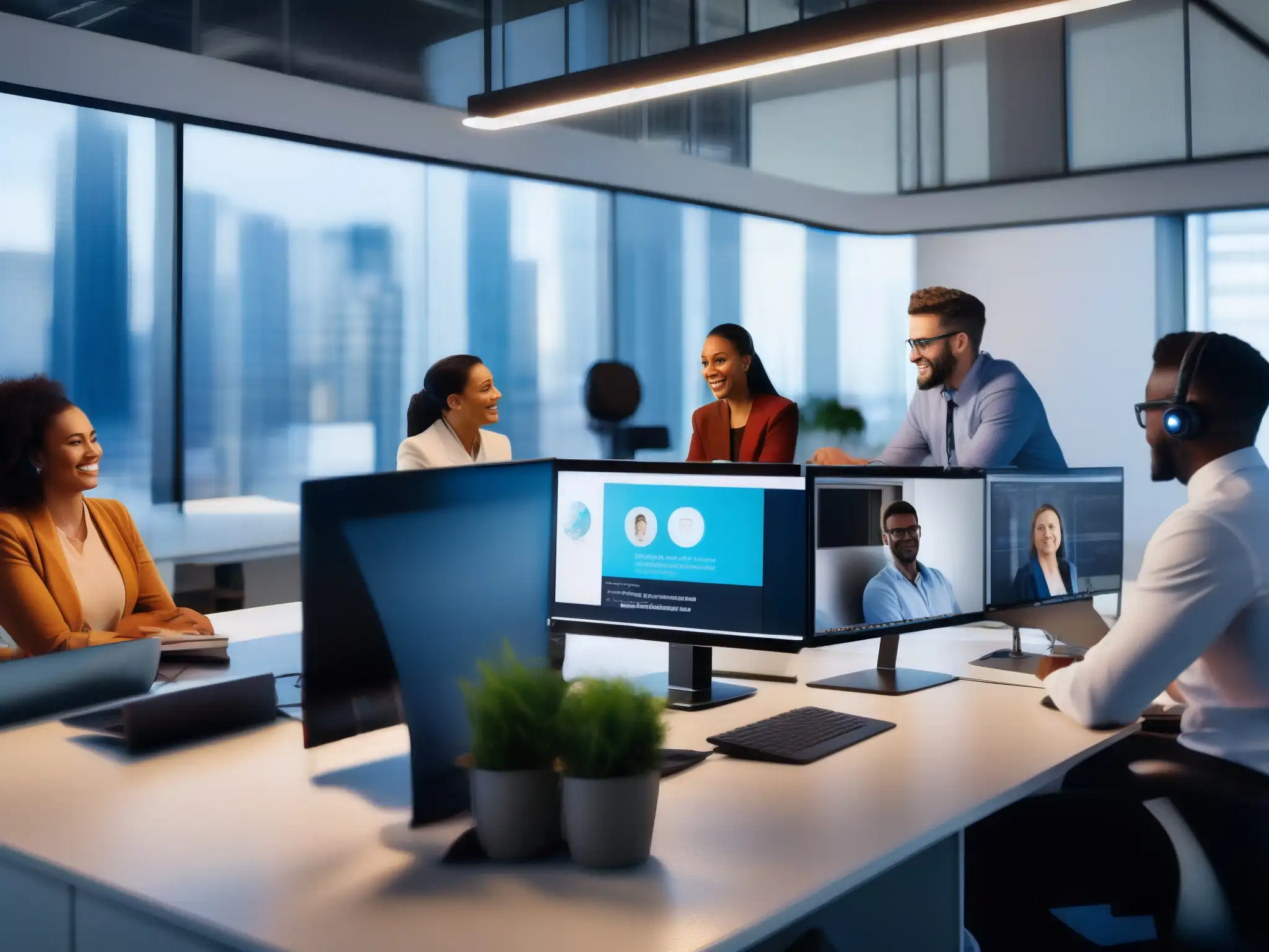 Equipo de soporte técnico remoto en acción Equipo diverso de soporte técnico en oficina moderna, con integraciones de videoconferencia para asistencia remota