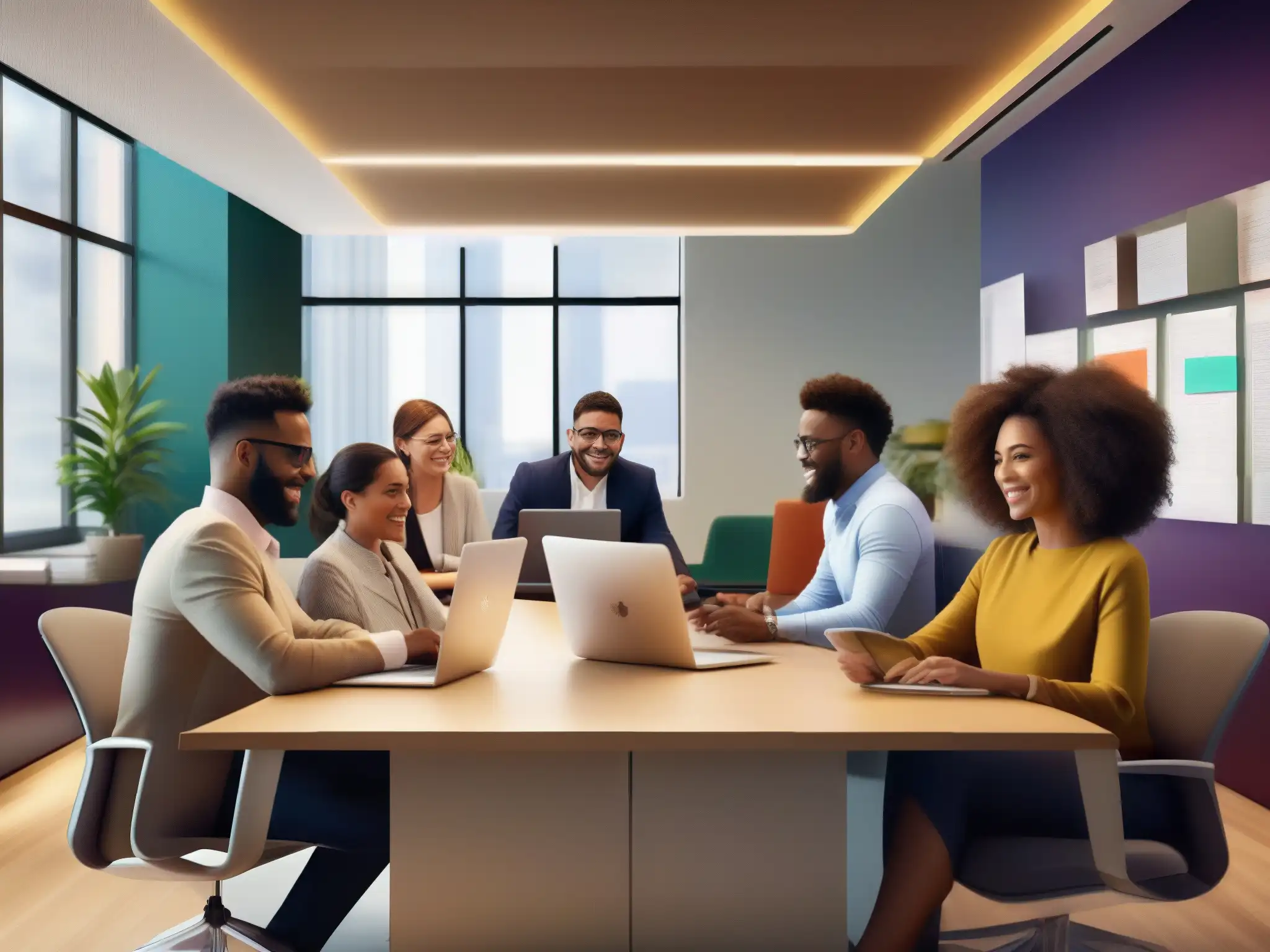 Colaboración dinámica en la oficina moderna con Slack Equipo diverso colabora en tiempo real en una oficina moderna usando Slack para análisis de productividad