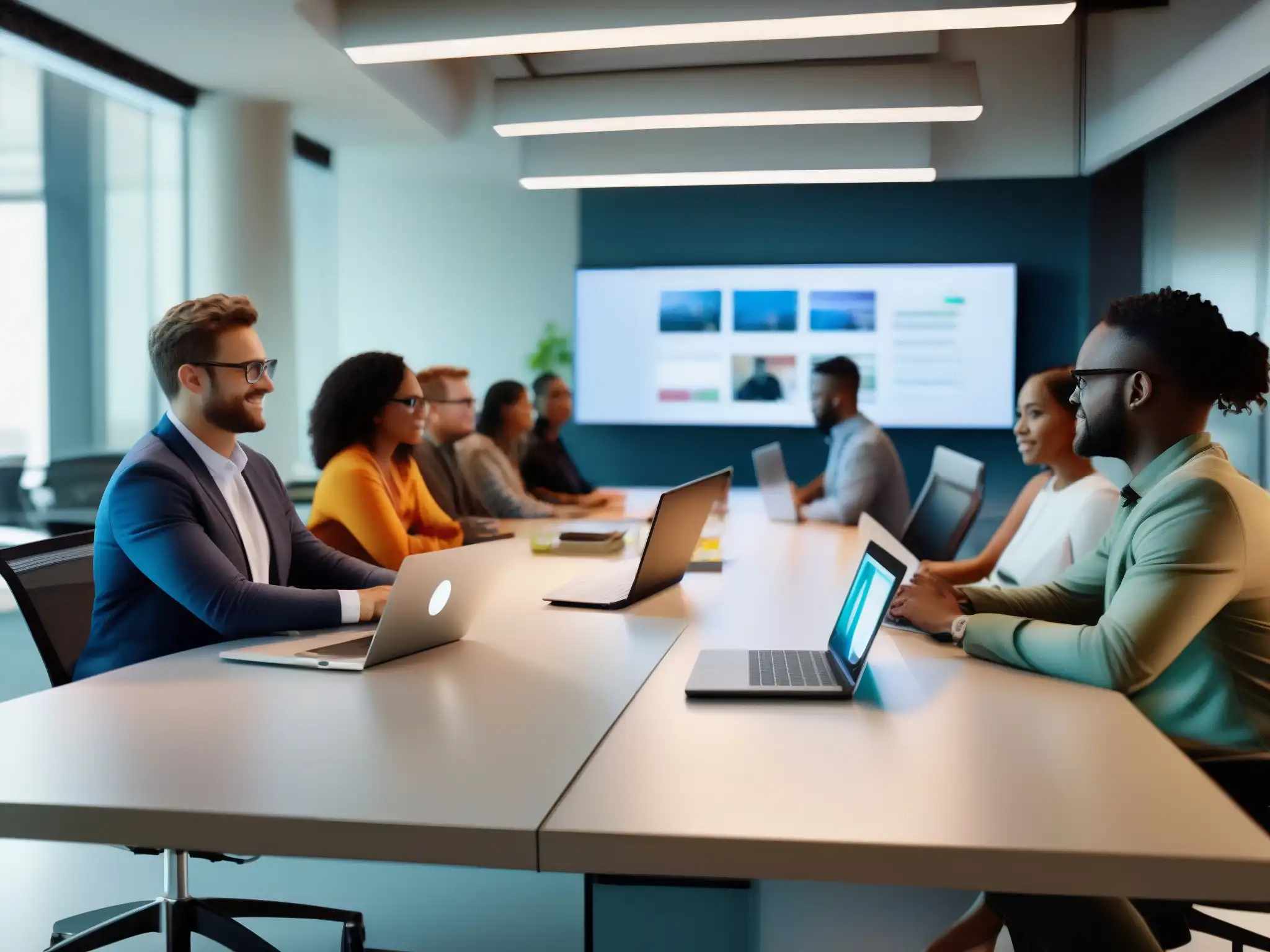Equipo multidisciplinario colabora en moderna oficina Un equipo diverso colabora en tiempo real en una moderna oficina