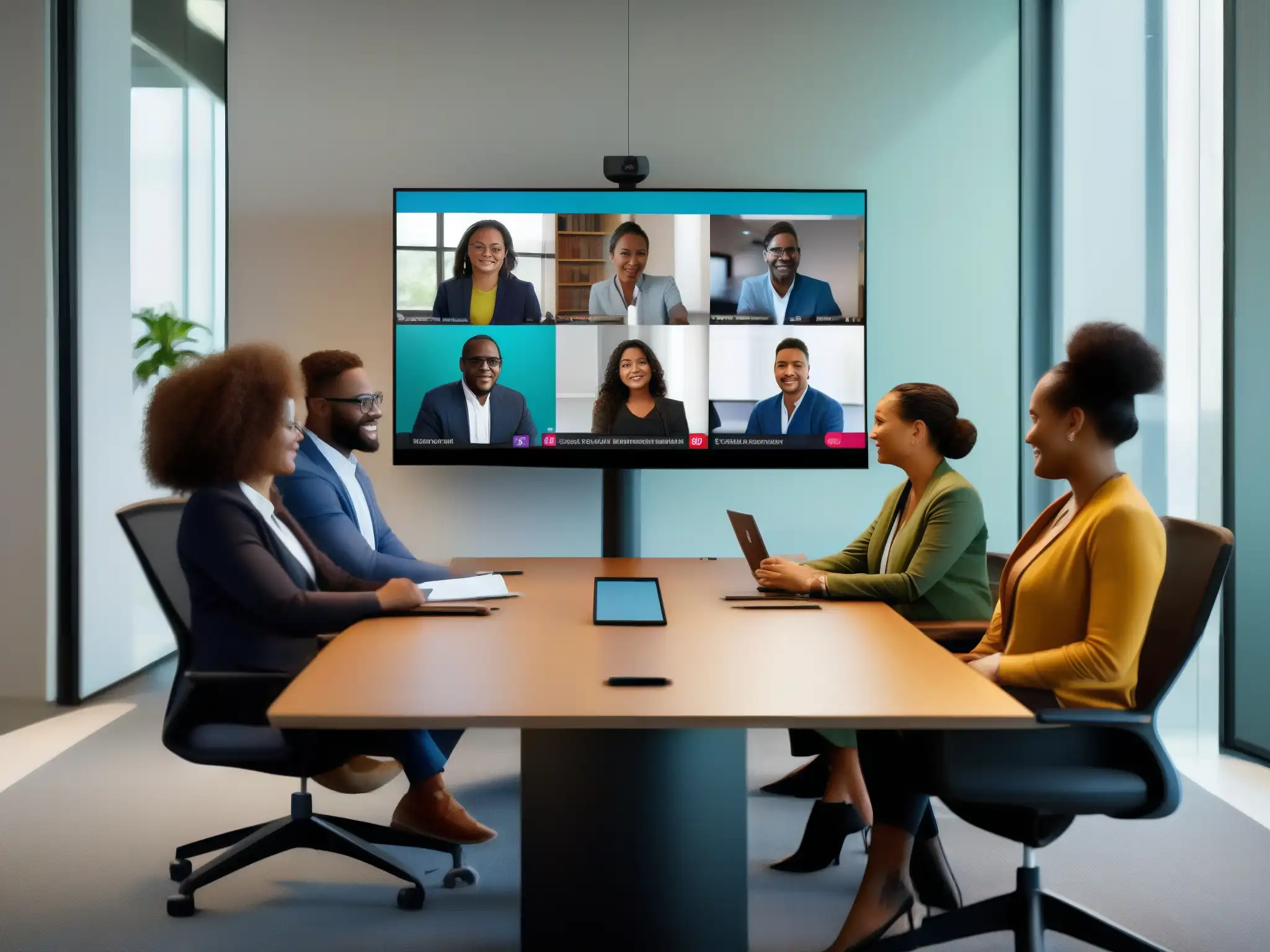 Reunión inclusiva en Webex: diversidad y colaboración Un equipo diverso participa en una videoconferencia con Webex de Cisco