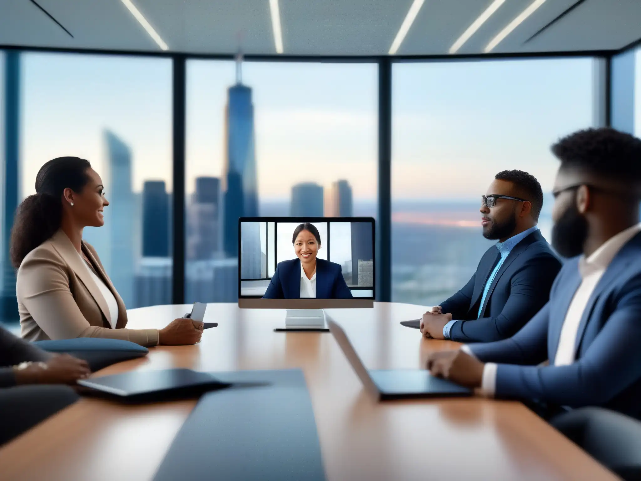 Reunión de Profesionales: Colaboración y Tecnología en la Oficina Moderna Equipo diverso en videoconferencia, ambiente profesional y tecnológico