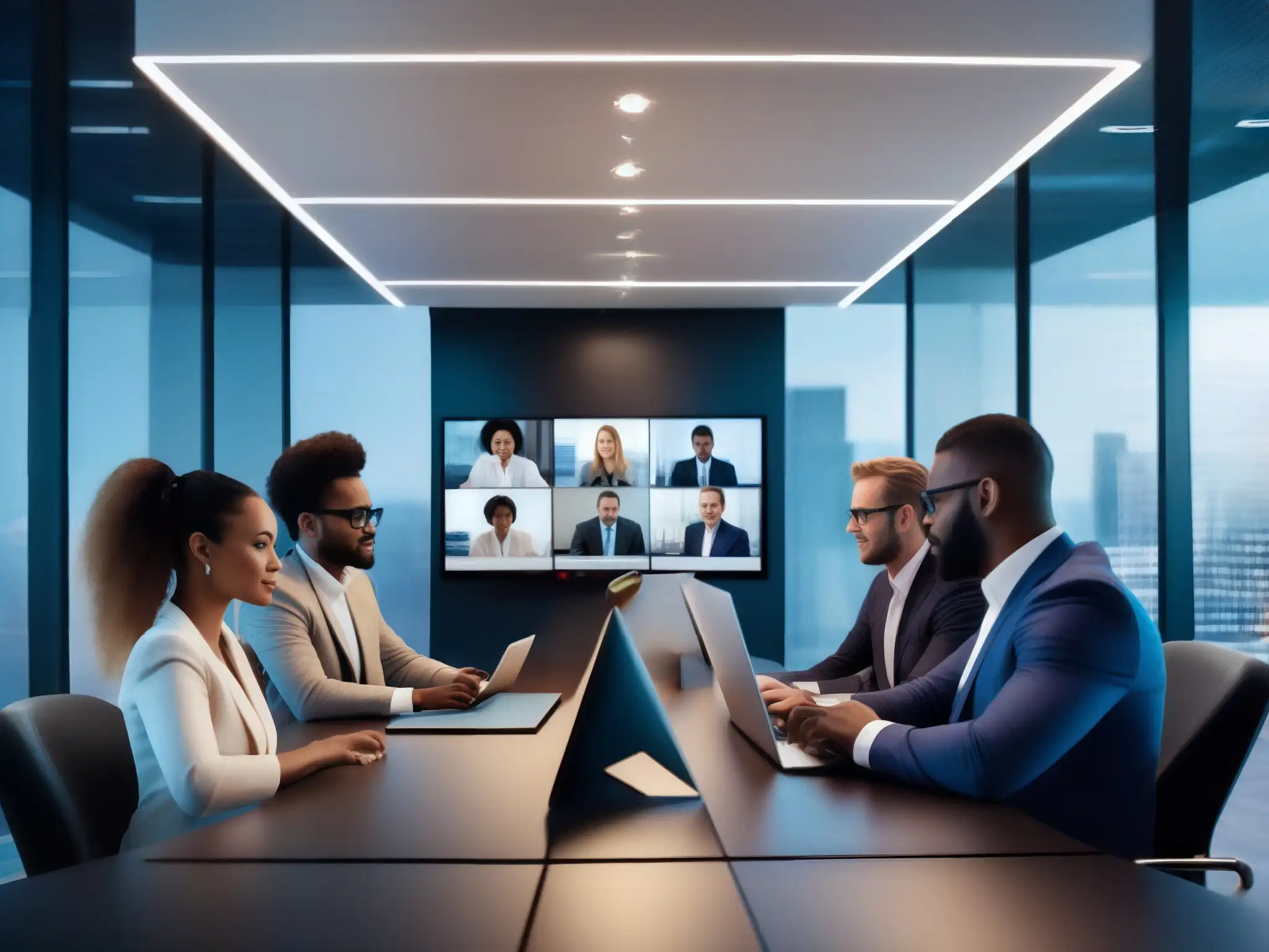 Equipo global en videoconferencia: productividad y colaboración Un equipo diverso se reúne en una videoconferencia, reflejando dinámica de equipos distribuidos con colaboración global y tecnología moderna