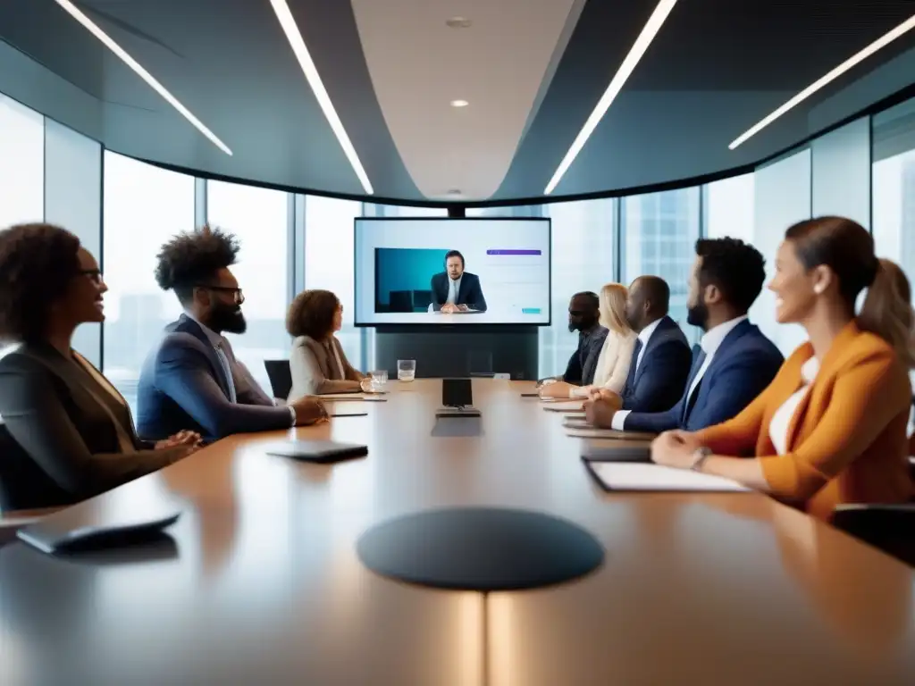 Reunión de equipo en oficina moderna: colaboración productiva Equipo diverso en videoconferencia, colaborando en un espacio moderno