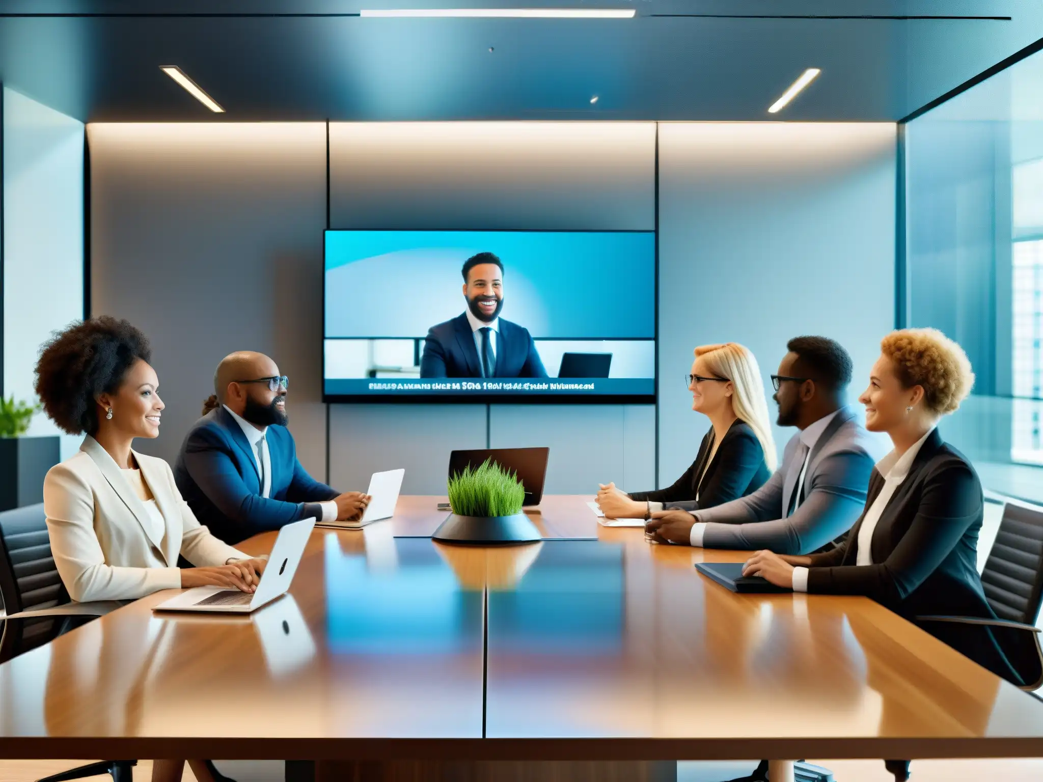Reunión virtual global: colaboración profesional Equipo diverso en videoconferencia internacional, soluciones gestión videoconferencias grandes equipos en moderna oficina con luz natural
