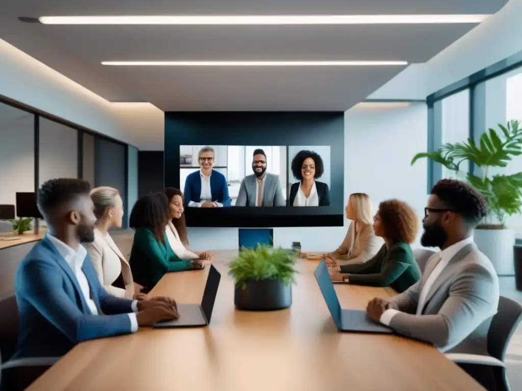 Equipo diverso en videoconferencia 8k: colaboración entusiasta y productiva Equipo diverso participando en videoconferencia, con moderna interfaz y ambiente colaborativo