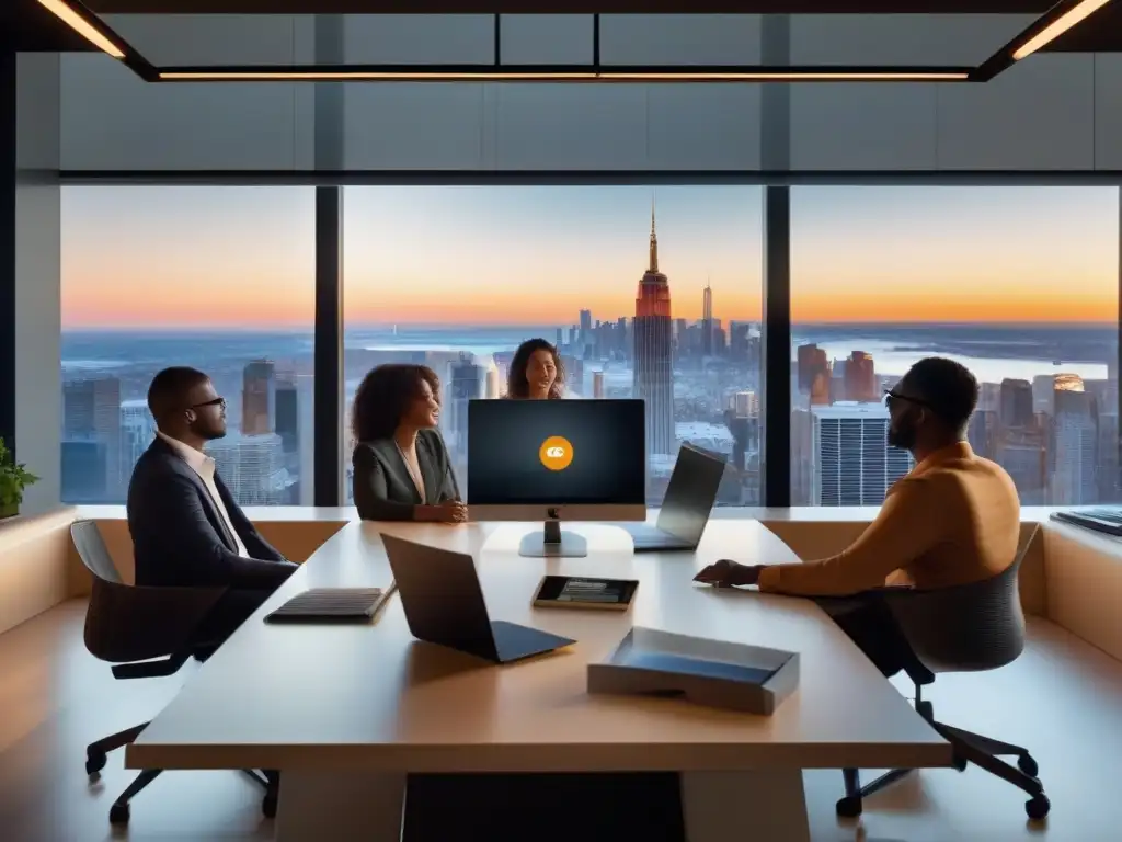 Conferencia virtual en la ciudad: modernidad y profesionalismo Un equipo diverso disfruta de una videoconferencia en una oficina minimalista con vista a la ciudad al atardecer
