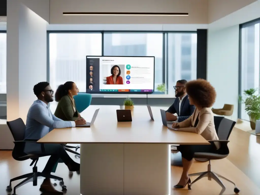 Profesionales colaborando en videoconferencia con Slack en oficina moderna Equipo diverso en videoconferencia usando Slack en una oficina moderna con integración de videoconferencias en Slack