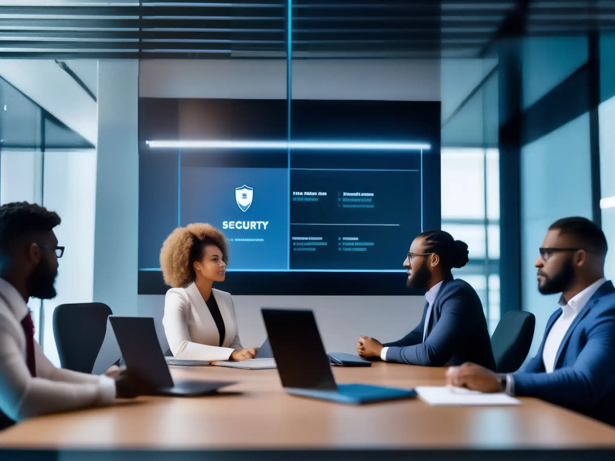 Equipo diverso en reunión virtual, enfocado en seguridad de datos Equipo diverso en videoconferencia, plan de respuesta rápida para incidentes de seguridad en videoconferencias en oficina moderna