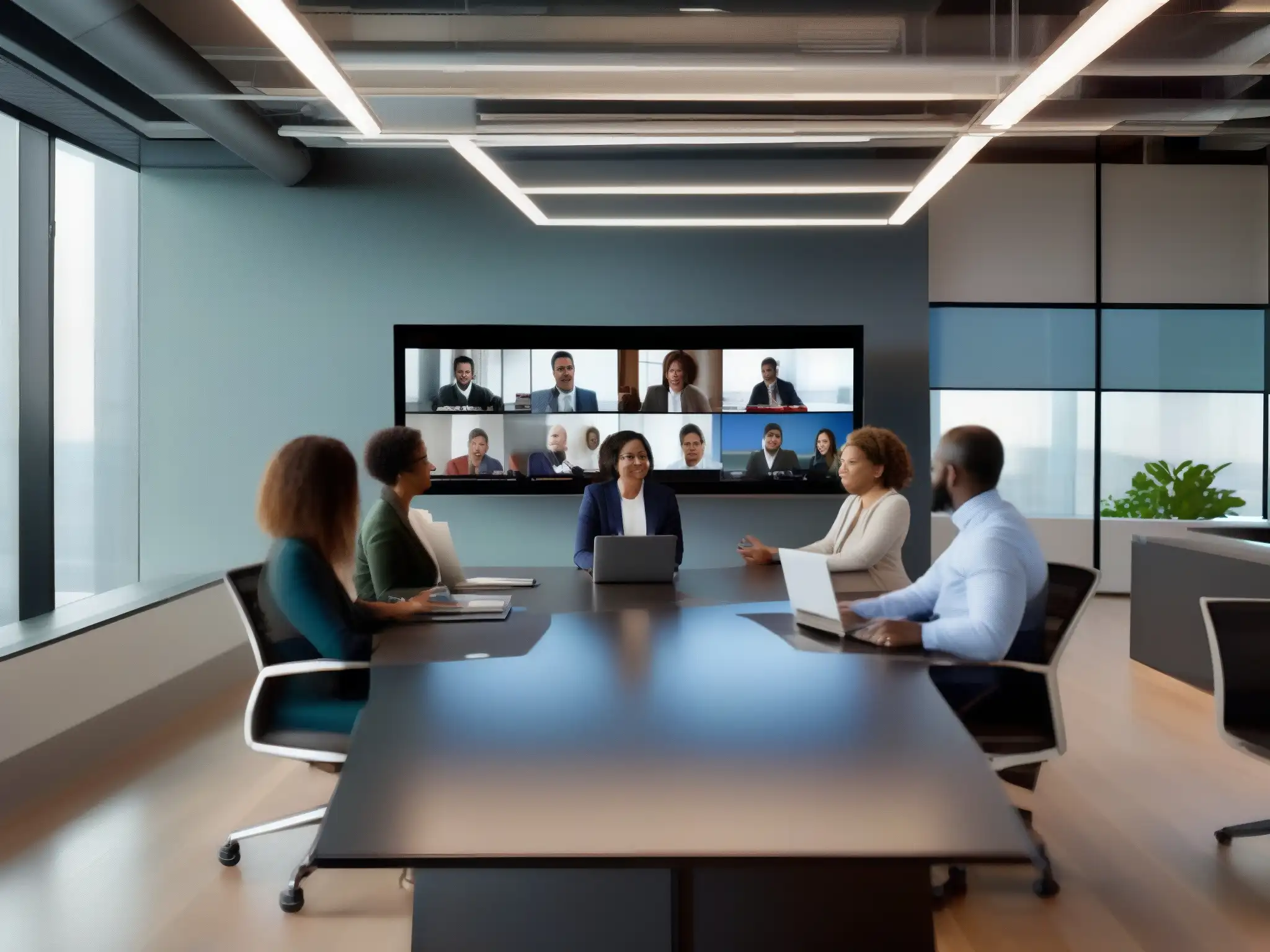Reunión virtual de profesionales: colaboración y tecnología Equipo diverso en videoconferencia, colaboración profesional con herramientas de videoconferencia para equipos ágiles