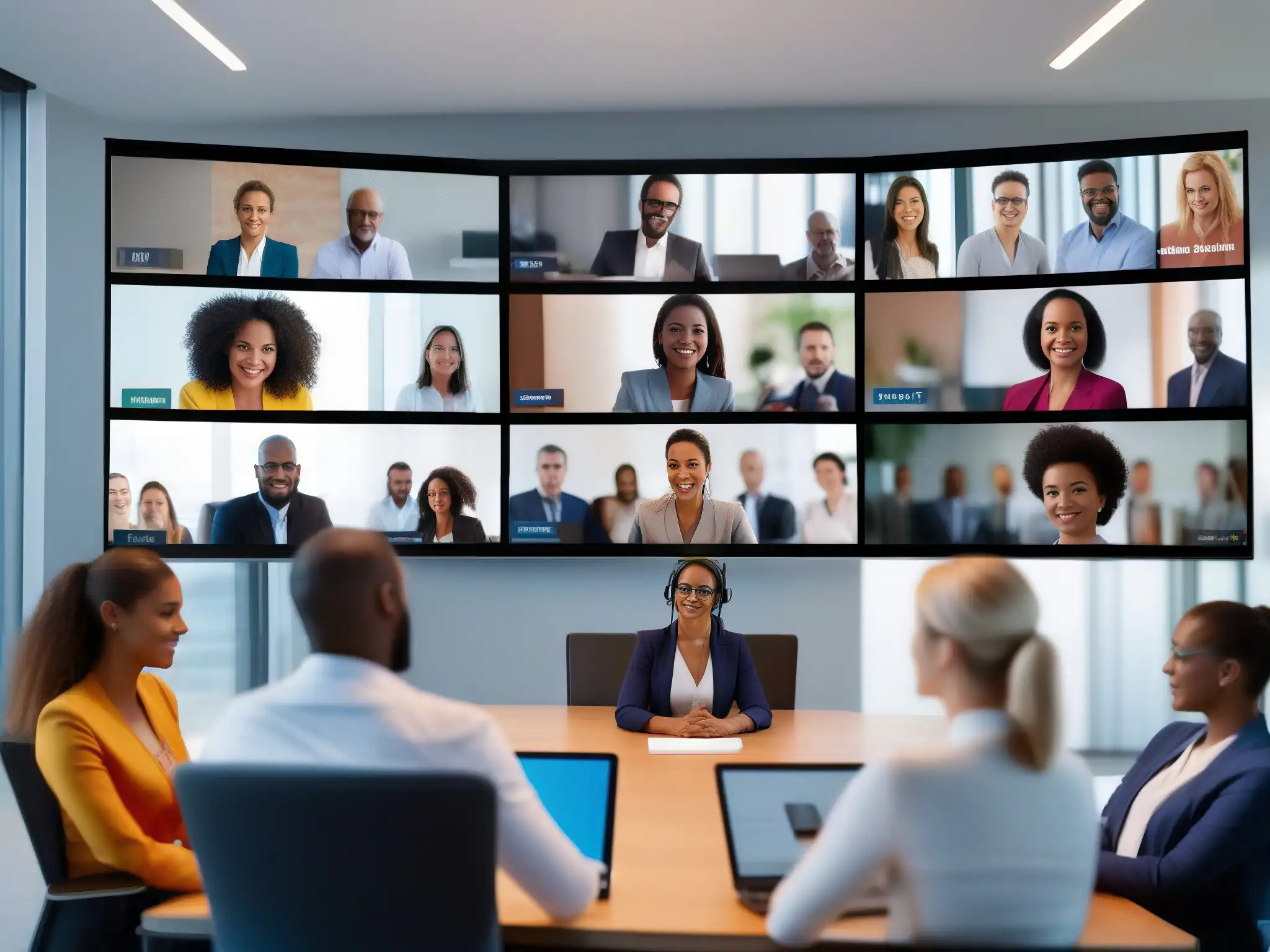 Reunión virtual colaborativa de profesionales Un equipo diverso participa activamente en una videoconferencia, utilizando técnicas de facilitación para videoconferencias en una sala virtual moderna y elegante