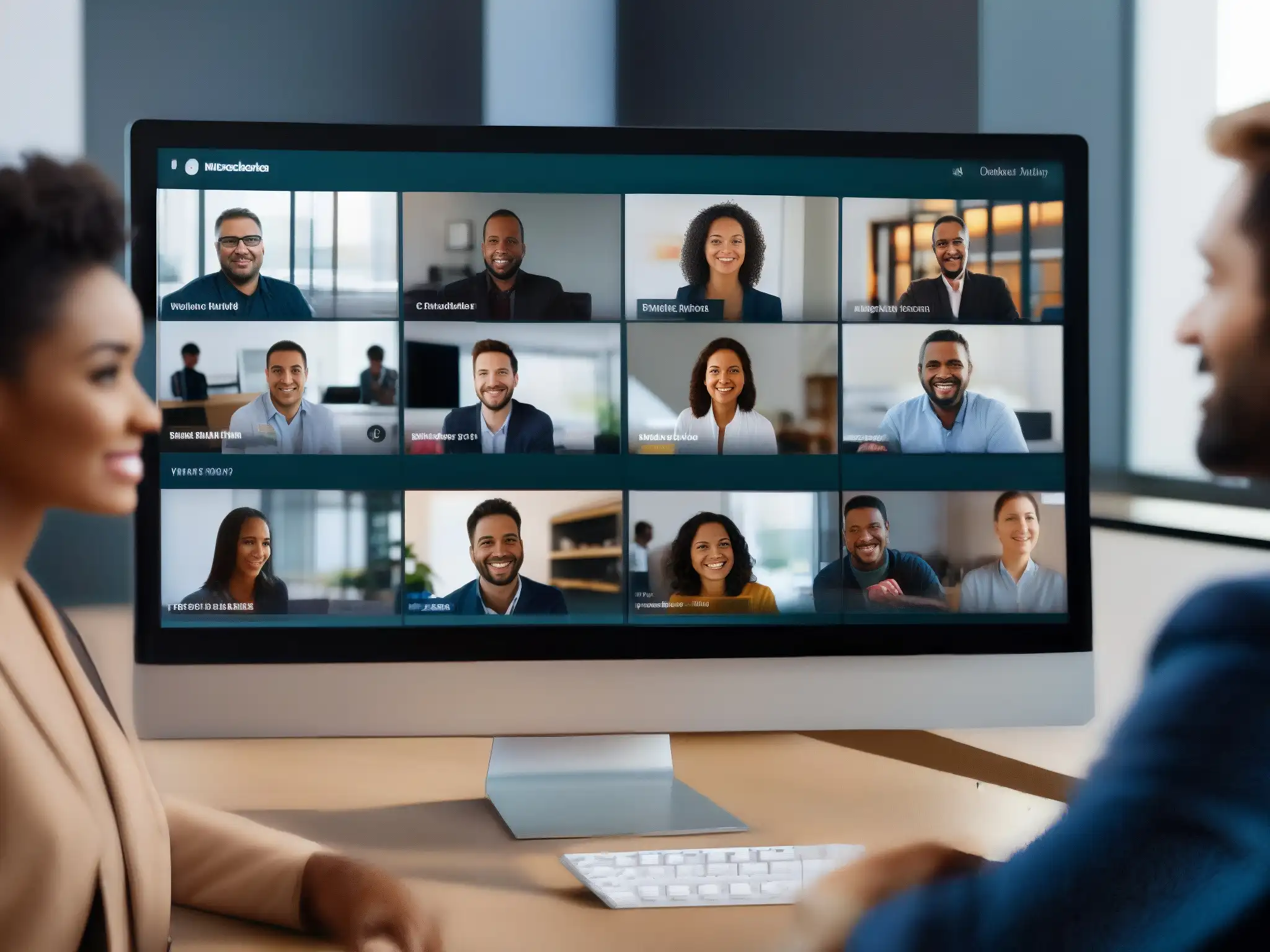 Videoconferencia en ecommerce: equipo profesional conectado Equipo de ecommerce en videoconferencia con integraciones para atención al cliente