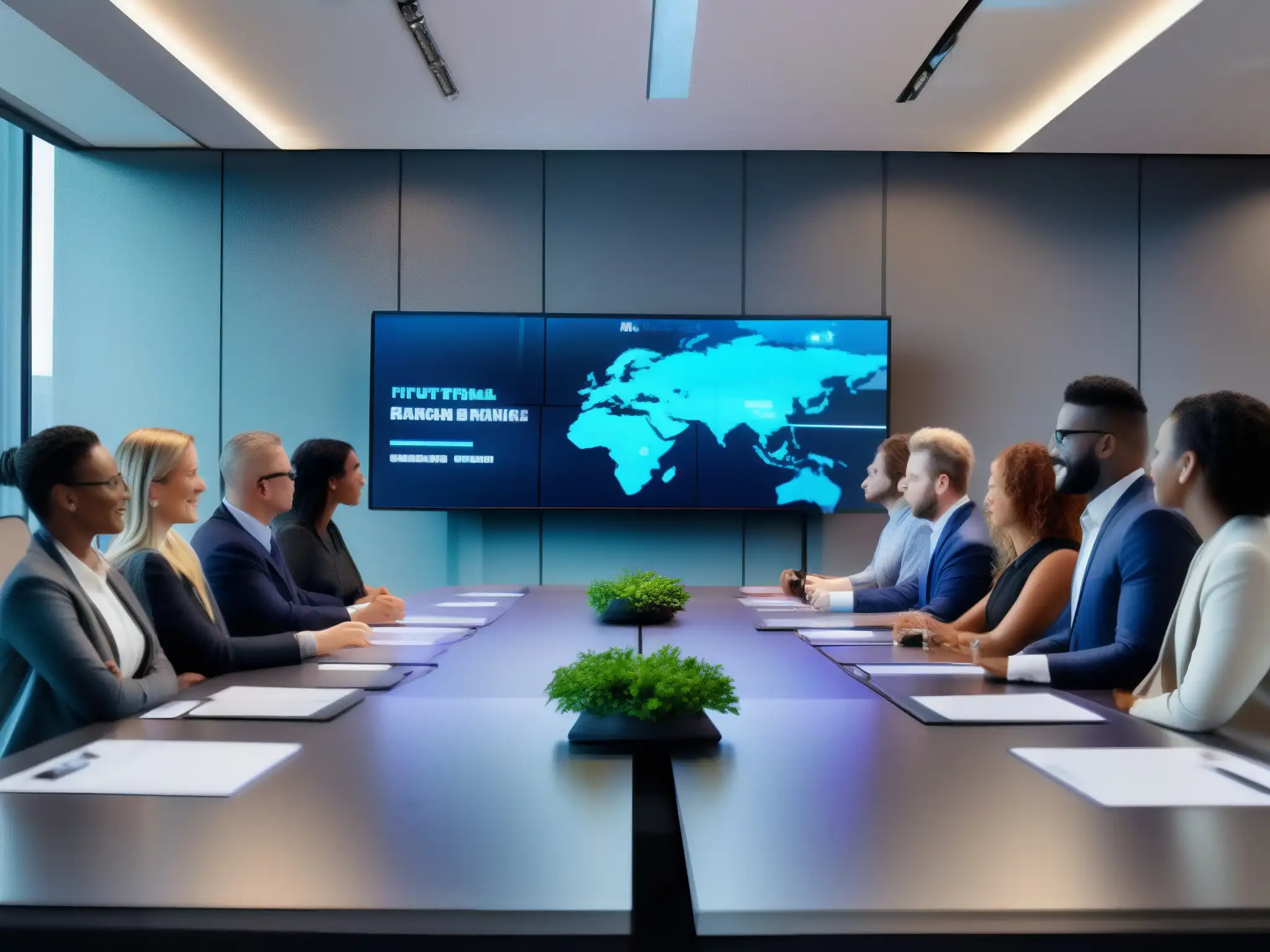 Estrategias para evento virtual: Equipo de gestión en acción Un equipo de gestión de eventos virtuales se reúne en una sala de conferencias, discutiendo estrategias y tomando decisiones
