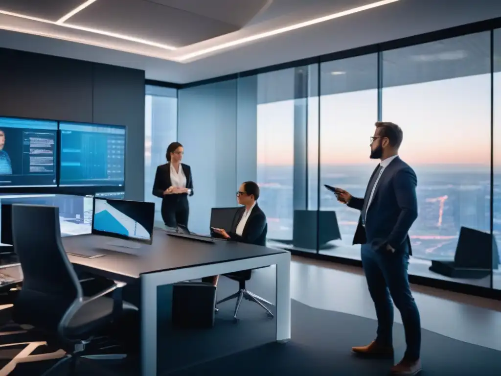 Expertos en ciberseguridad auditan herramienta de videoconferencia Un equipo de expertos en ciberseguridad analiza datos en una oficina moderna, mostrando una actitud dinámica y proactiva en la evaluación de seguridad