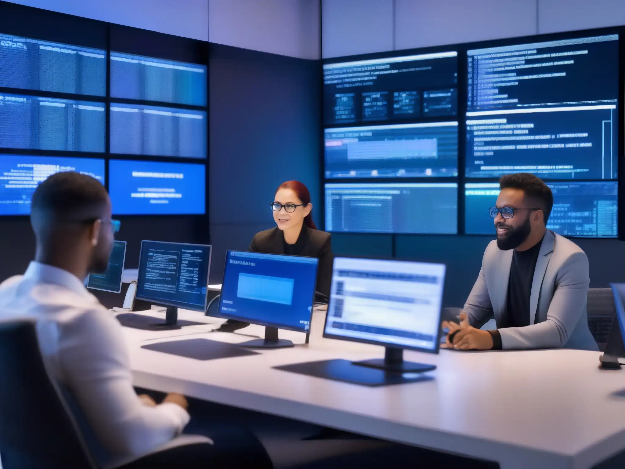 Expertos en ciberseguridad analizan Zoom y Teams Equipo de expertos en seguridad de datos analizando Zoom y Teams en un entorno moderno y dinámico