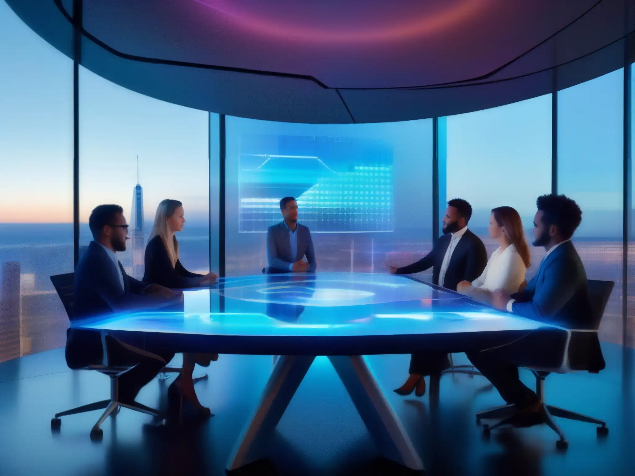 Reunión remota con hologramas de proyectos Equipo de gestores de proyecto y trabajadores remotos colaborando en videoconferencia con tecnología futurista
