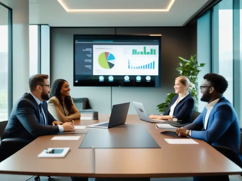 Reunión de Project Managers: Colaboración Moderna y Dinámica en Videoconferencia Un equipo de gestores de proyectos colaborando en una sala llena de luz natural, con herramientas de videoconferencia y gráficos de progreso