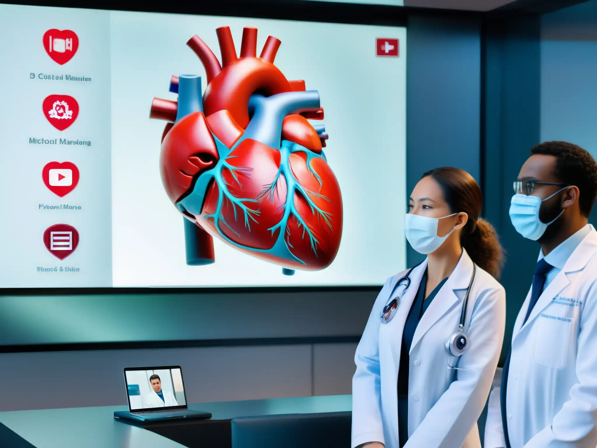 Telemedicina avanzada: análisis detallado del corazón en 3D Un equipo médico con batas y mascarillas analiza un modelo 3D del corazón en una pantalla de videoconferencia