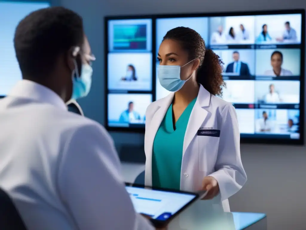 Telemedicina avanzada: Consulta en tiempo real con paciente remoto Un equipo médico utiliza herramientas de videoconferencia para telemedicina en una consulta remota de alta tecnología
