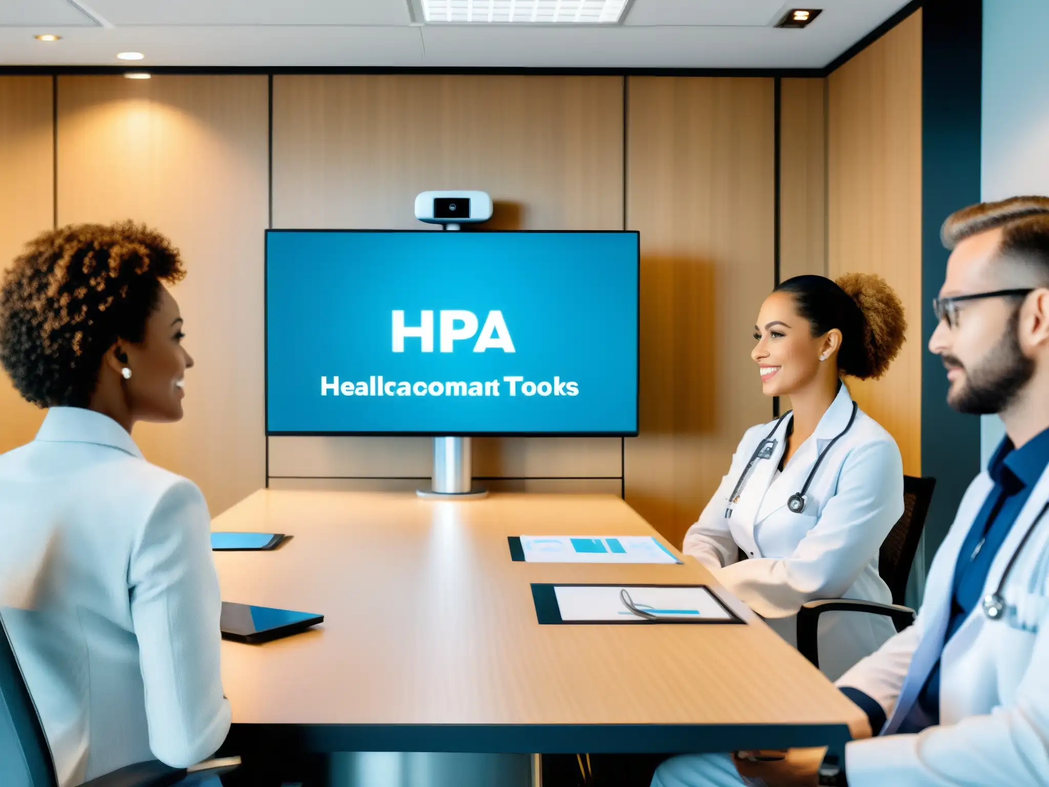 Oficina médica moderna: videoconferencia segura HIPAA Un equipo médico en una videoconferencia segura con herramientas de videoconferencia sector salud HIPAA